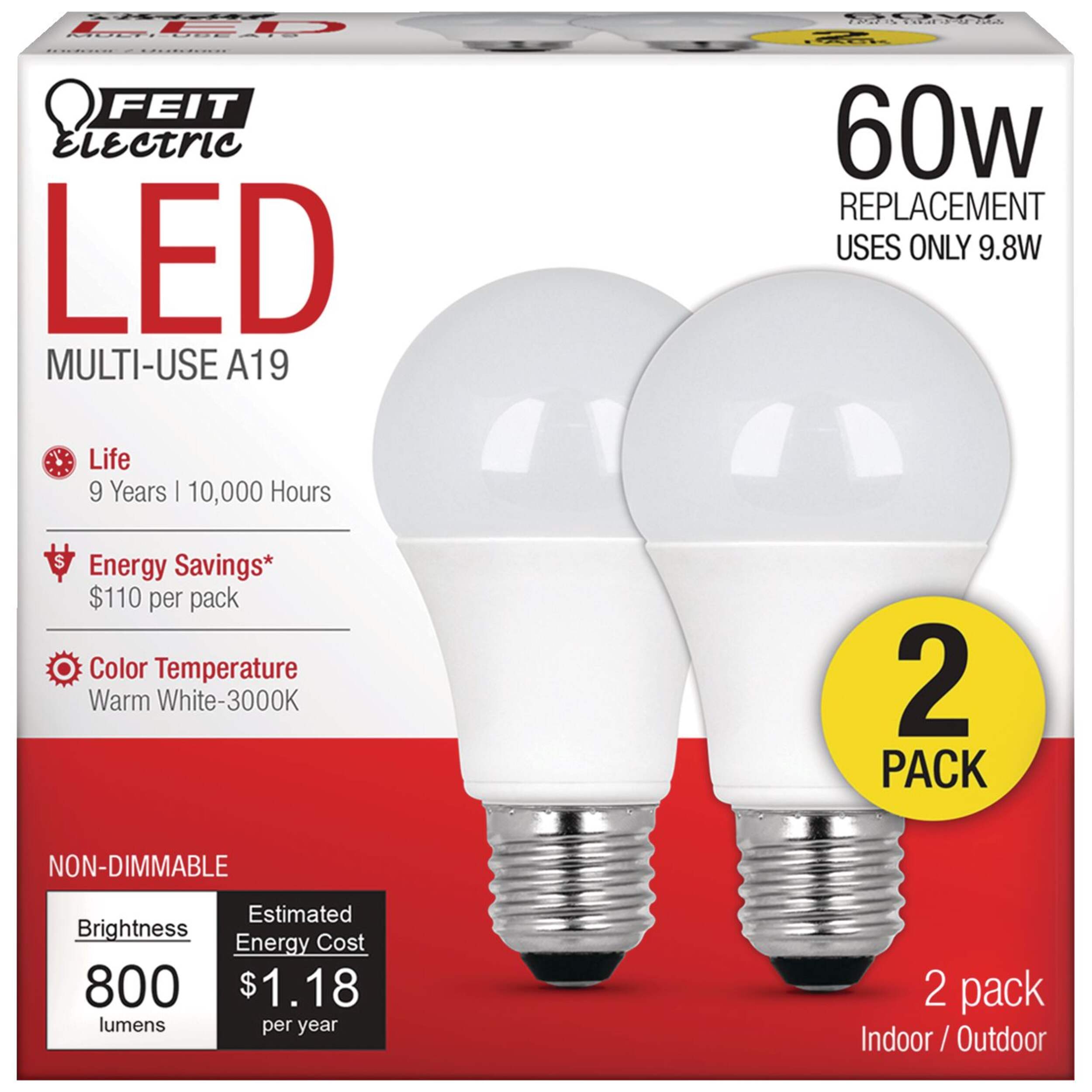 Feit Electric A19 Non-Dimmable LED Light Bulbs, 800 Lumens, Warm White, 60W, 2-pk Front_Elevated