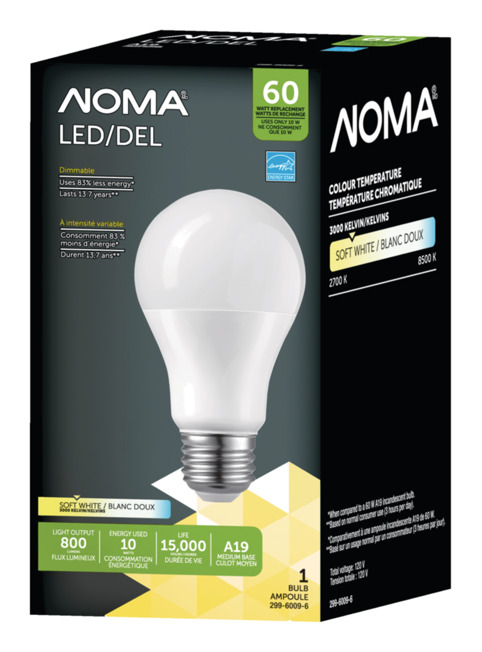 Ampoule à DEL à intensité variable à culot E26 NOMA A19, 3000K, 800 lumens, blanc  doux, 60 W