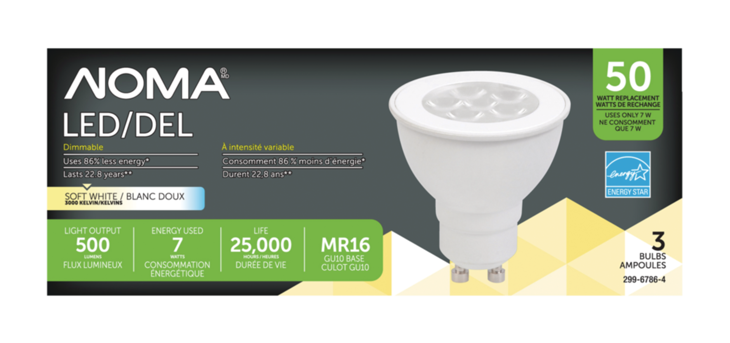 Ampoules pour projecteur à DEL à culot GU10 à intensité variable NOMA MR16, 3000K, 500 lumens, blanc doux, 50 W, paq. 3 Front_Flat