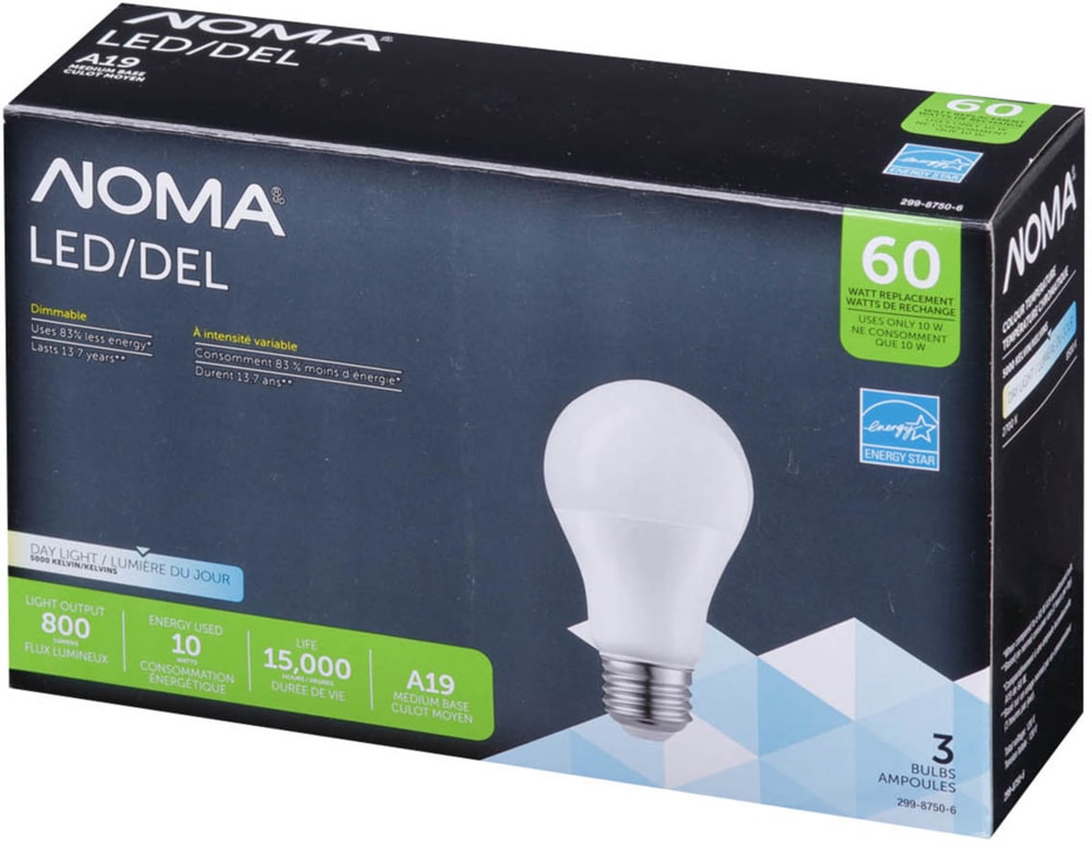 Ampoules à DEL à culot E26 à intensité variable NOMA A19, 5000K, 800