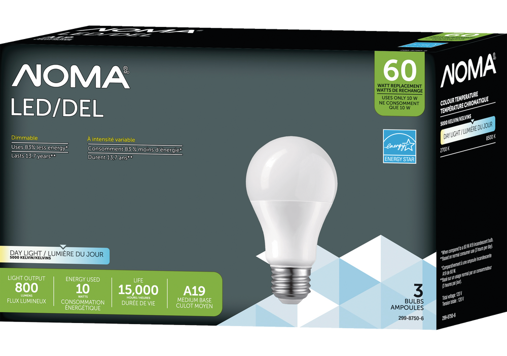 Ampoules à DEL à culot E26 à intensité variable NOMA A19, 5000K, 800