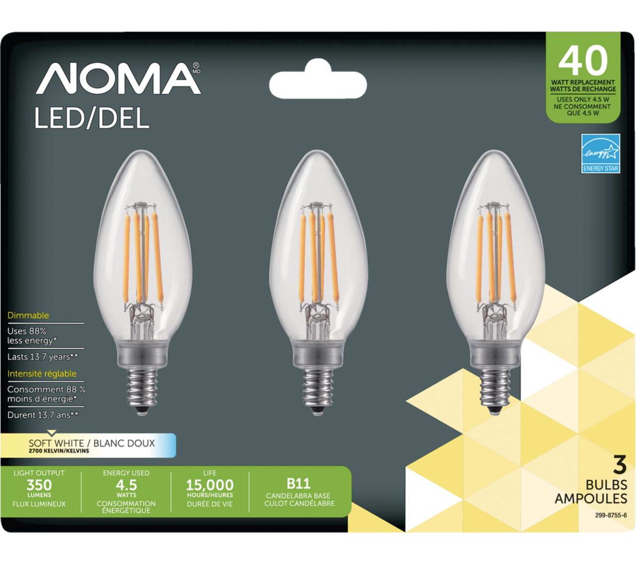 Ampoule DEL graduelle B11 chandelier style filament - 120 V - 3 W - E12 -  5000 K - Paquet de 6