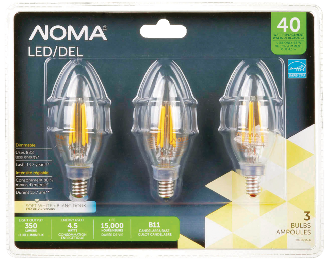 Ampoules à DEL à intensité variable à culot E12 NOMA B10, 2700K, 350  lumens, blanc chaud, 40 W, paq. 2