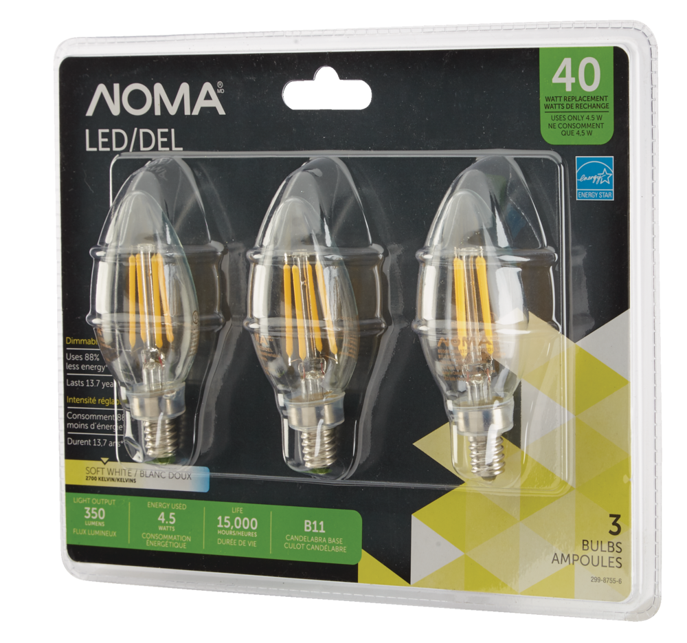 NOMA B11 E12 Base Dimmable LED Light Bulbs, 2700K, 350 Lumens, Soft White,  40W, 3-pk