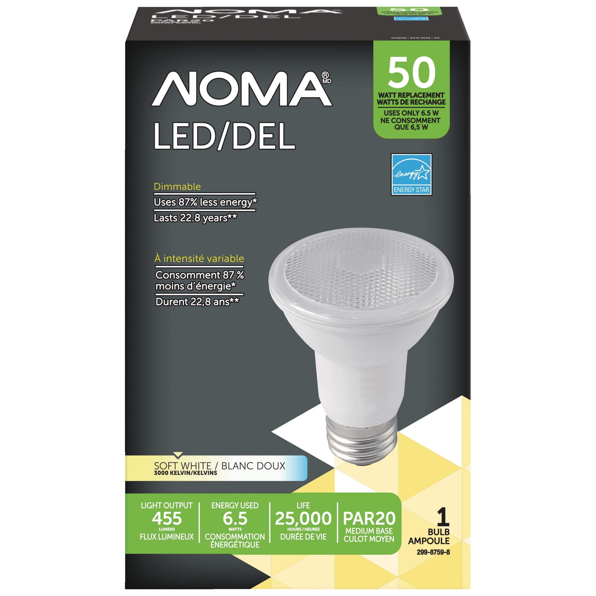 NOMA PAR20 E26 Base Dimmable LED Flood Light Bulb, 3000K, 455 Lumens, Soft White, 50W Front_Elevated