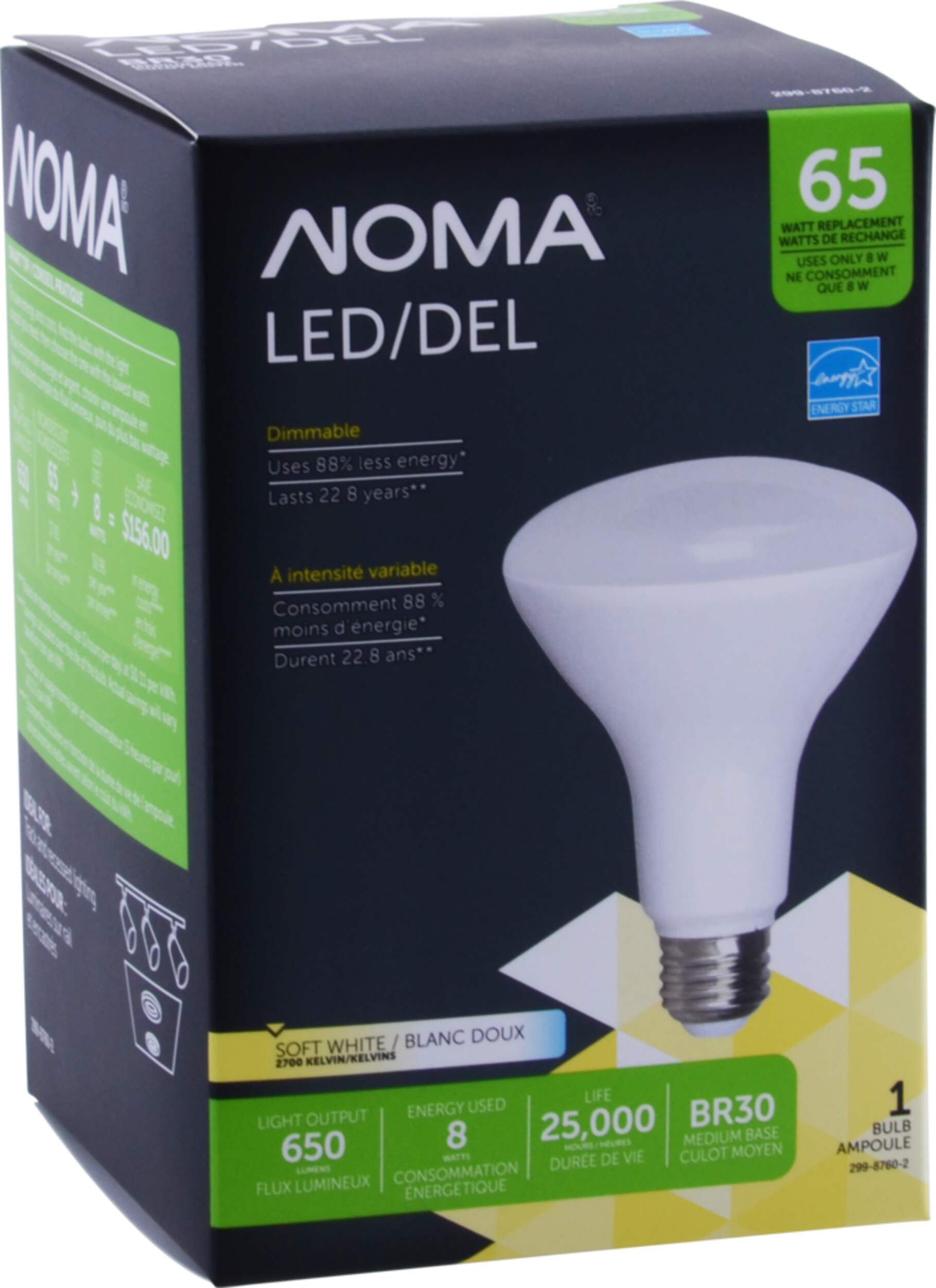 NOMA BR30 E26 Base Dimmable LED Light Bulb, 2700K, 650 Lumens, Soft