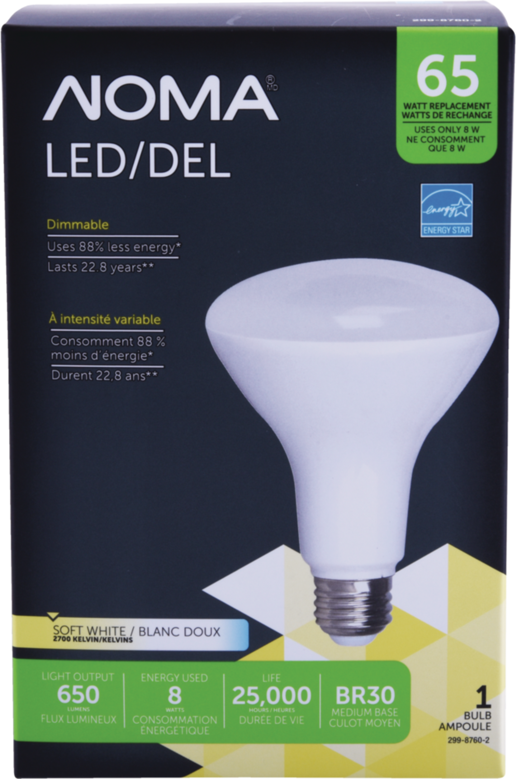 NOMA BR30 E26 Base Dimmable LED Light Bulb, 2700K, 650 Lumens, Soft White, 65W Front_Flat