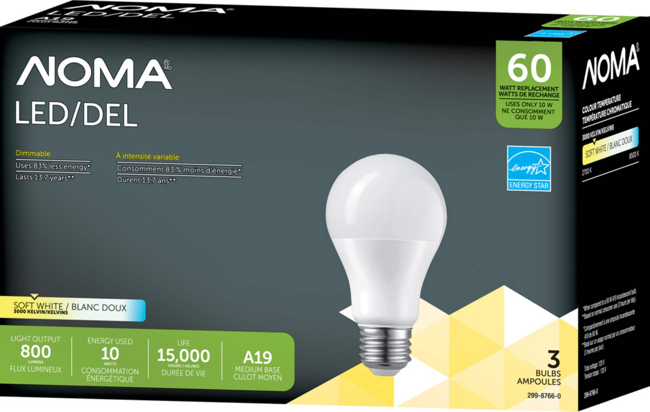 NOMA A19 E26 Base Dimmable LED Light Bulbs, 3000K, 800 Lumens, Soft White, 60W, 3-pk Front_Angled_Left