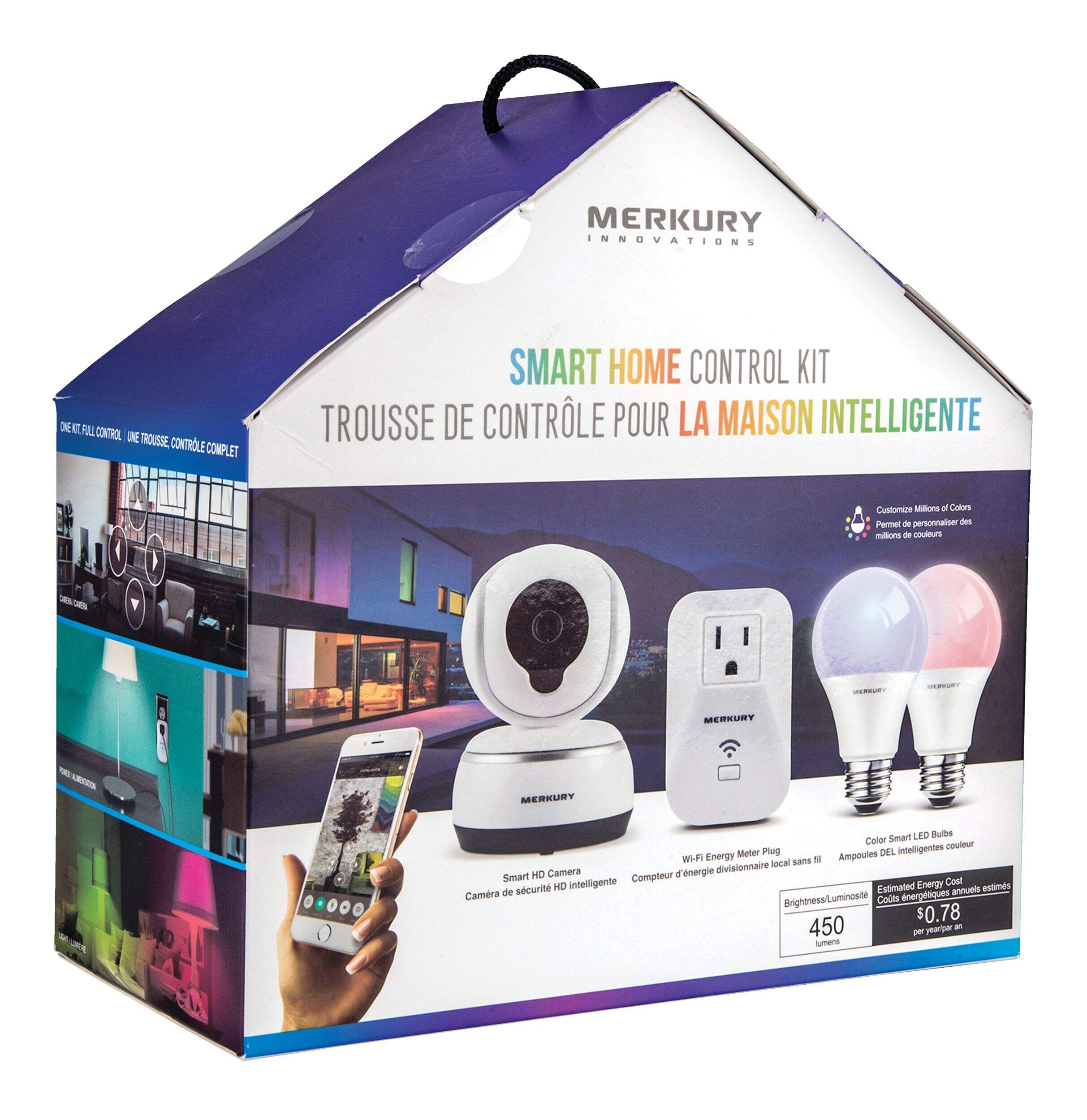 Merkury Innovations Smart Wi-Fi LED Home Starter Kit, 2700K, 450 Lumens Front_Angled_Right