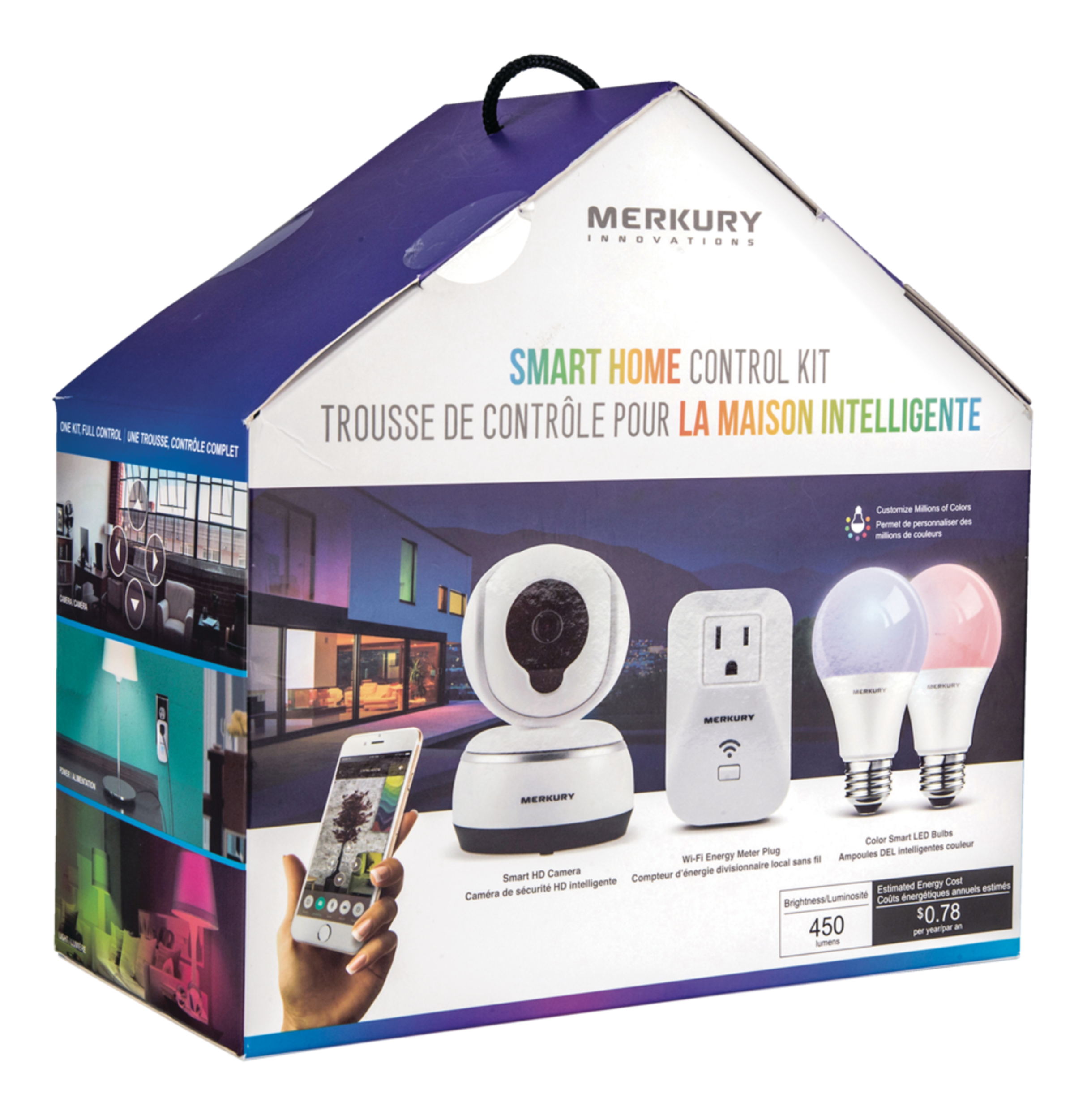 Merkury Innovations Smart Wi-Fi LED Home Starter Kit, 2700K, 450 Lumens Front_Angled_Right