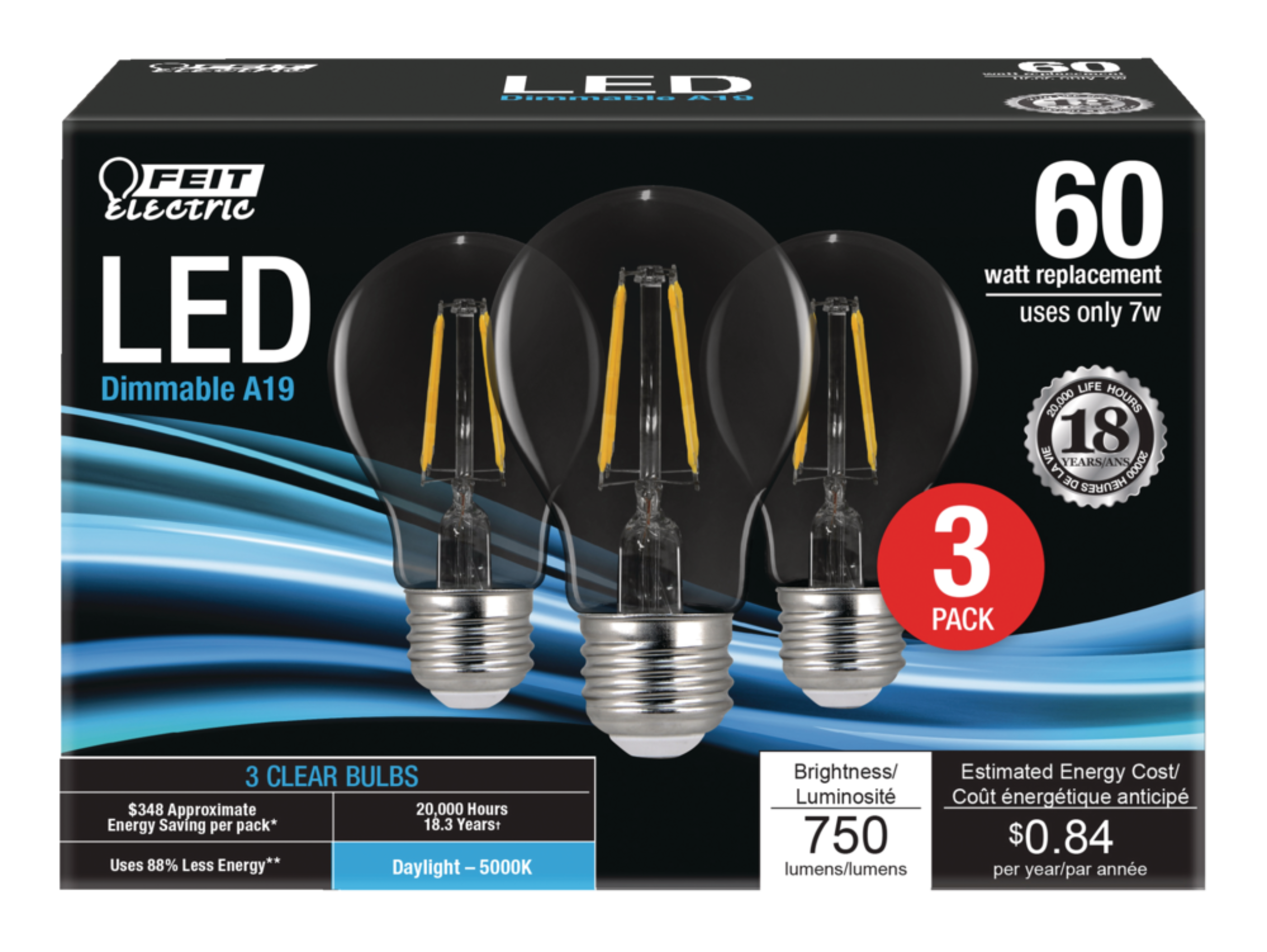 Feit Electric A19 Dimmable Clear LED Filament Light Bulbs, 750 Lumens, Daylight, 60W, 3-pk Front_Elevated