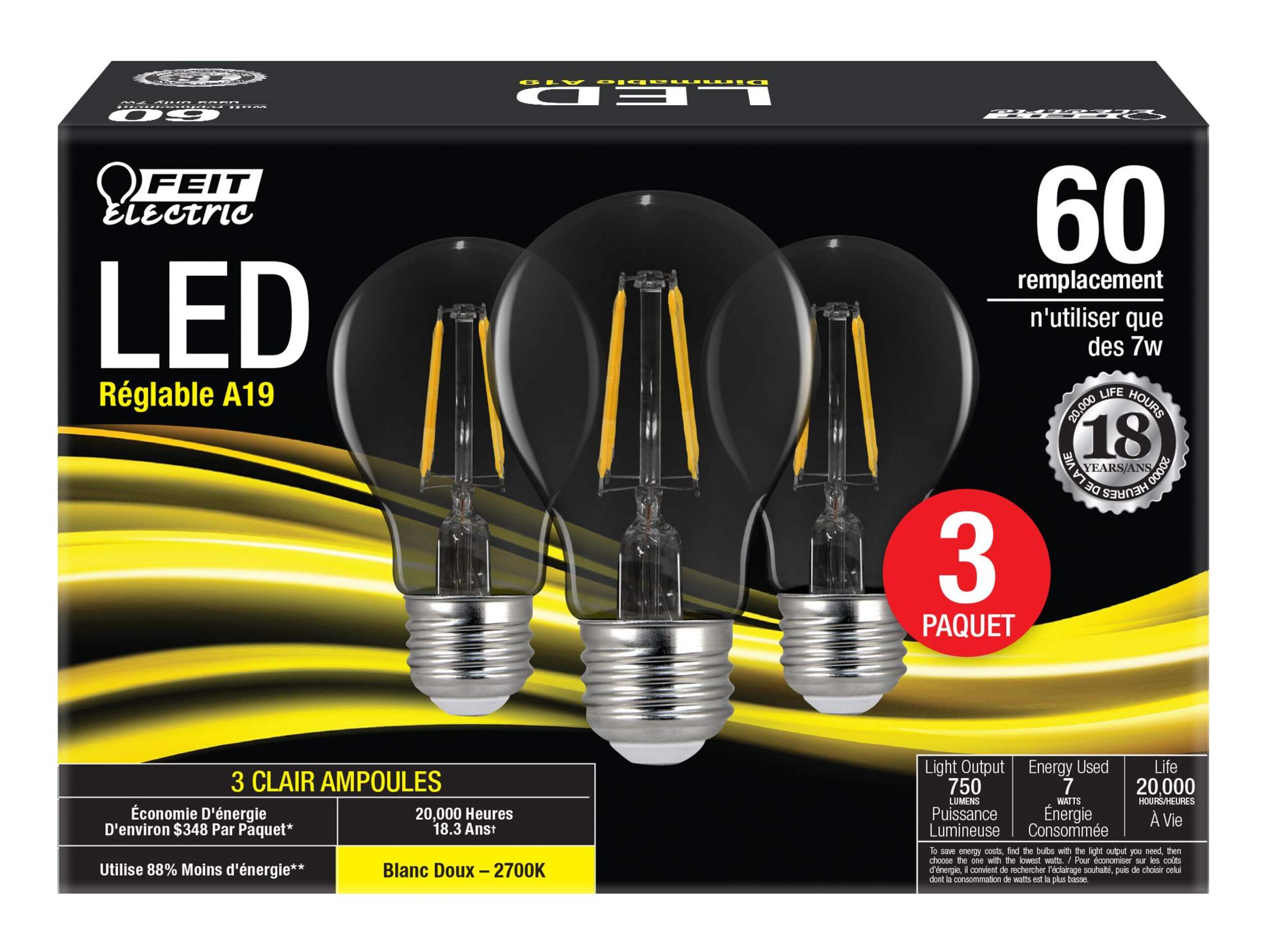 Ampoules à filament à DEL à intensité variable transparentes Feit Electric A19, 750 lumens, blanc chaud, 60 W, paq. 3 Front_Elevated
