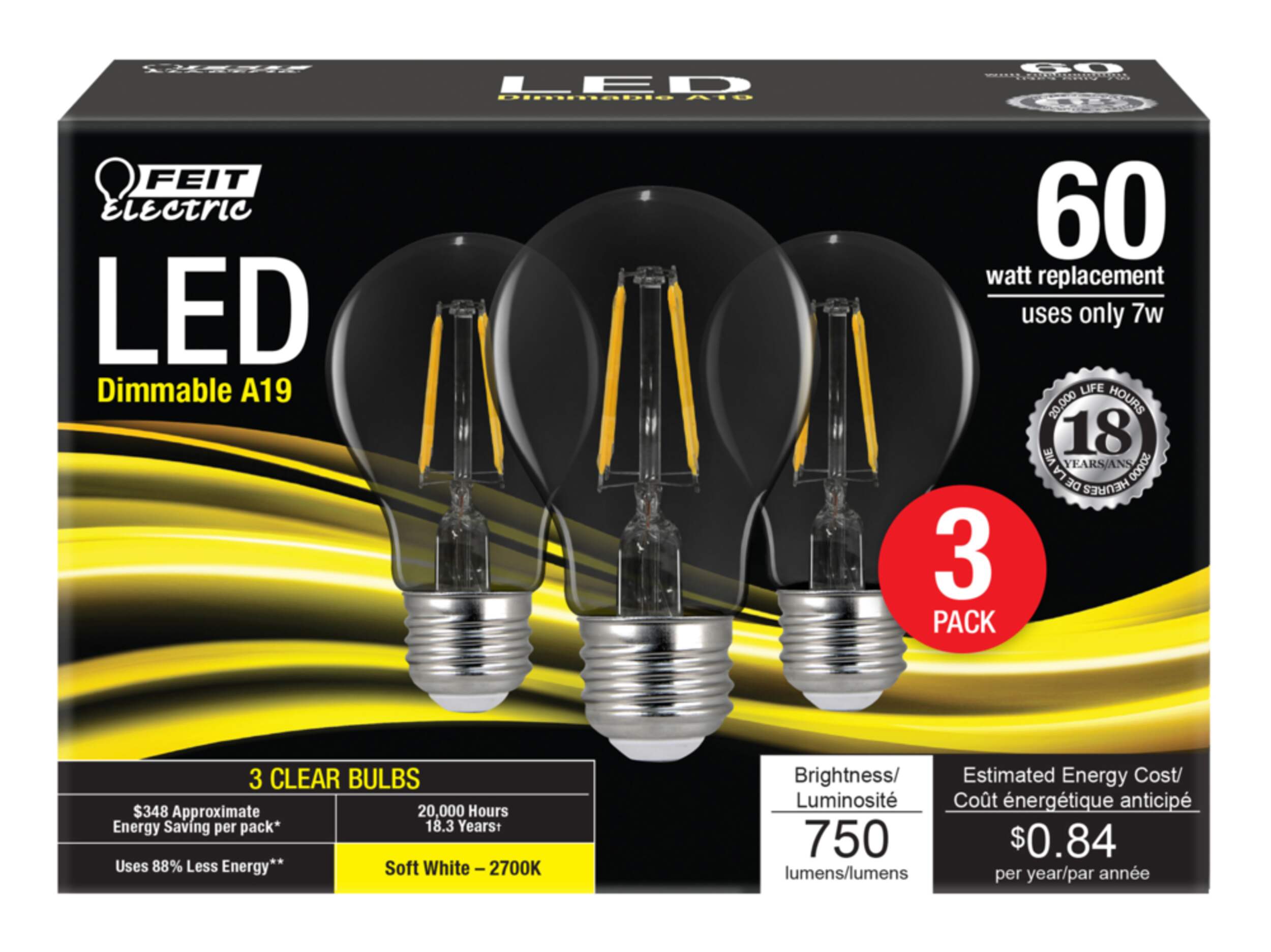 Feit Electric A19 Dimmable Clear LED Filament Light Bulbs, 750 Lumens, Soft White, 60W, 3-pk Front_Elevated