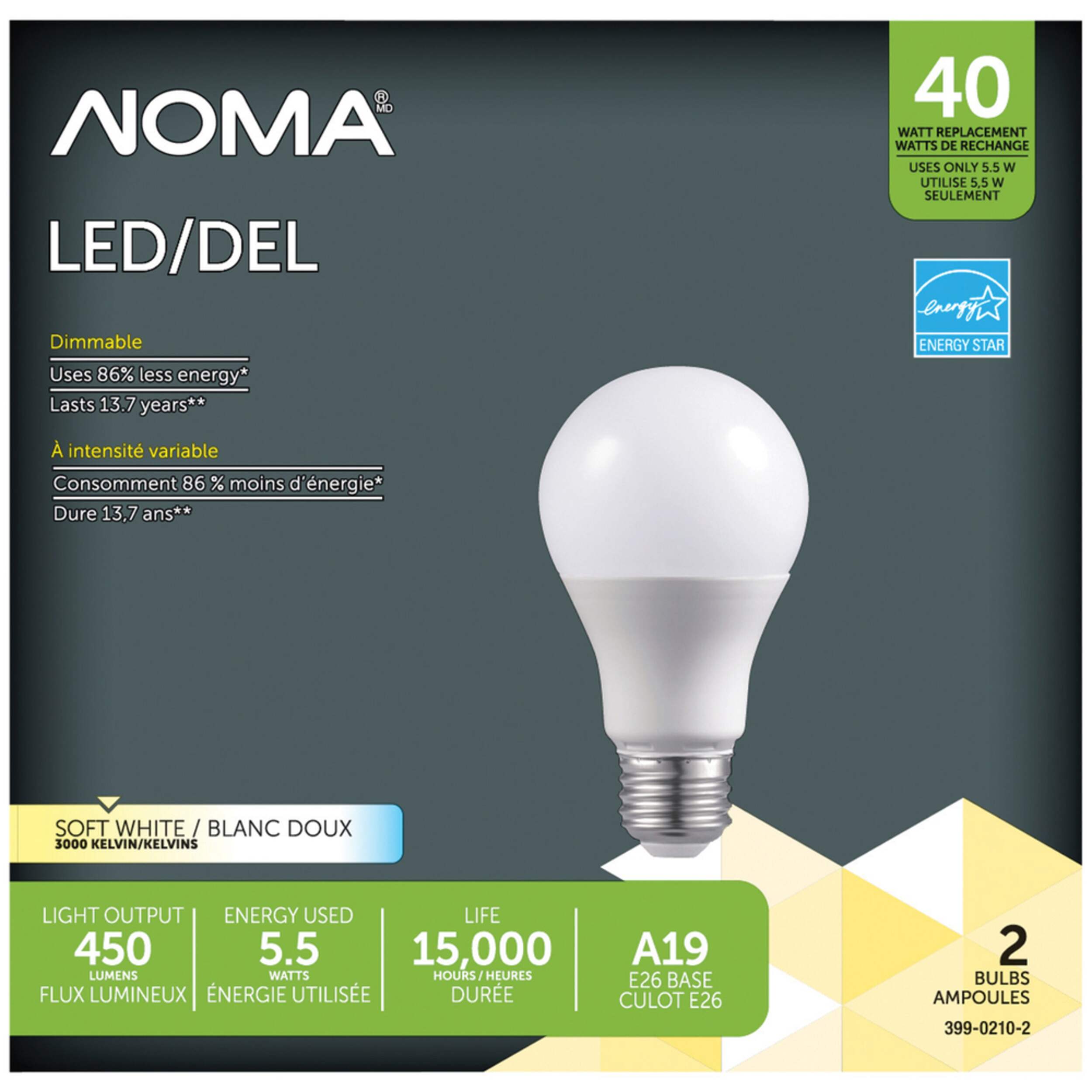NOMA LED A19 40W Soft White Light Bulb, 2-pk Front_Flat