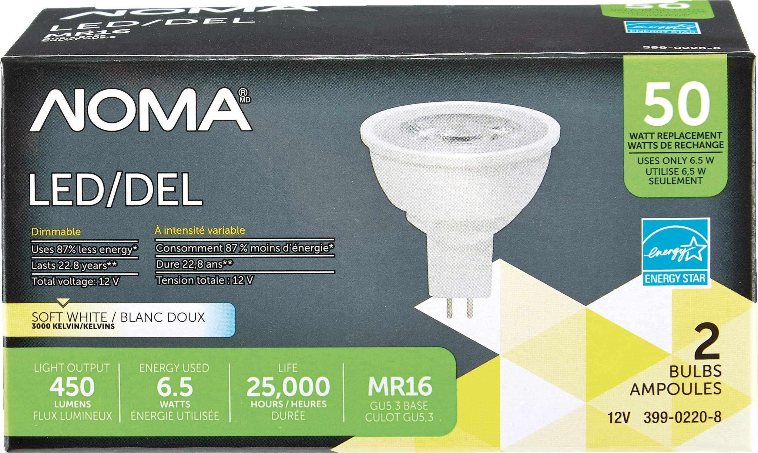 NOMA MR16 GU5.3 Base Dimmable LED Flood Light Bulbs, 3000K, 450 Lumens, Soft White, 50W, 2-pk Front_Elevated