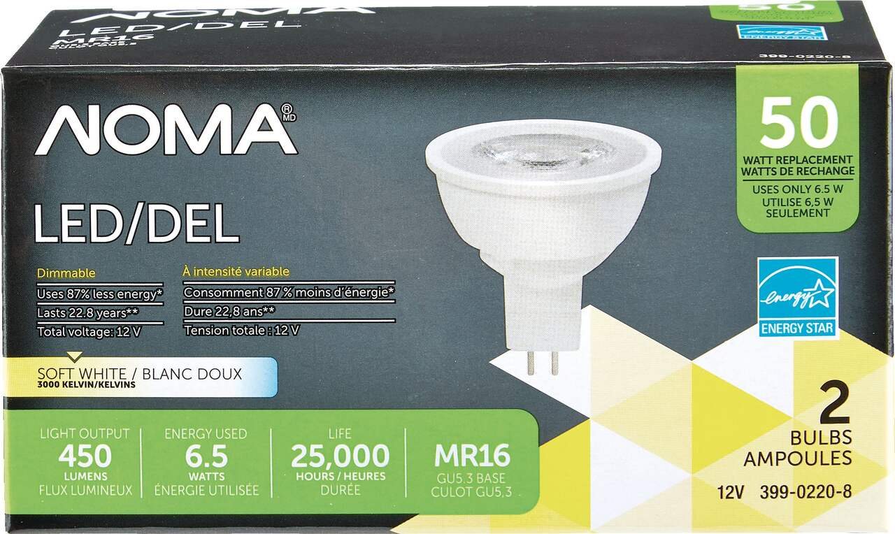 Ampoules pour projecteur à DEL à culot GU5.3 à intensité variable NOMA MR16,  3000K, 450 lumens, blanc doux, 50 W, paq. 2