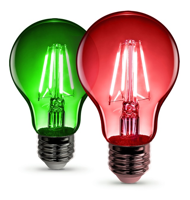 Feit Electric A19 Dimmable LED Glass Filament Light Bulbs, Red/Green, 4