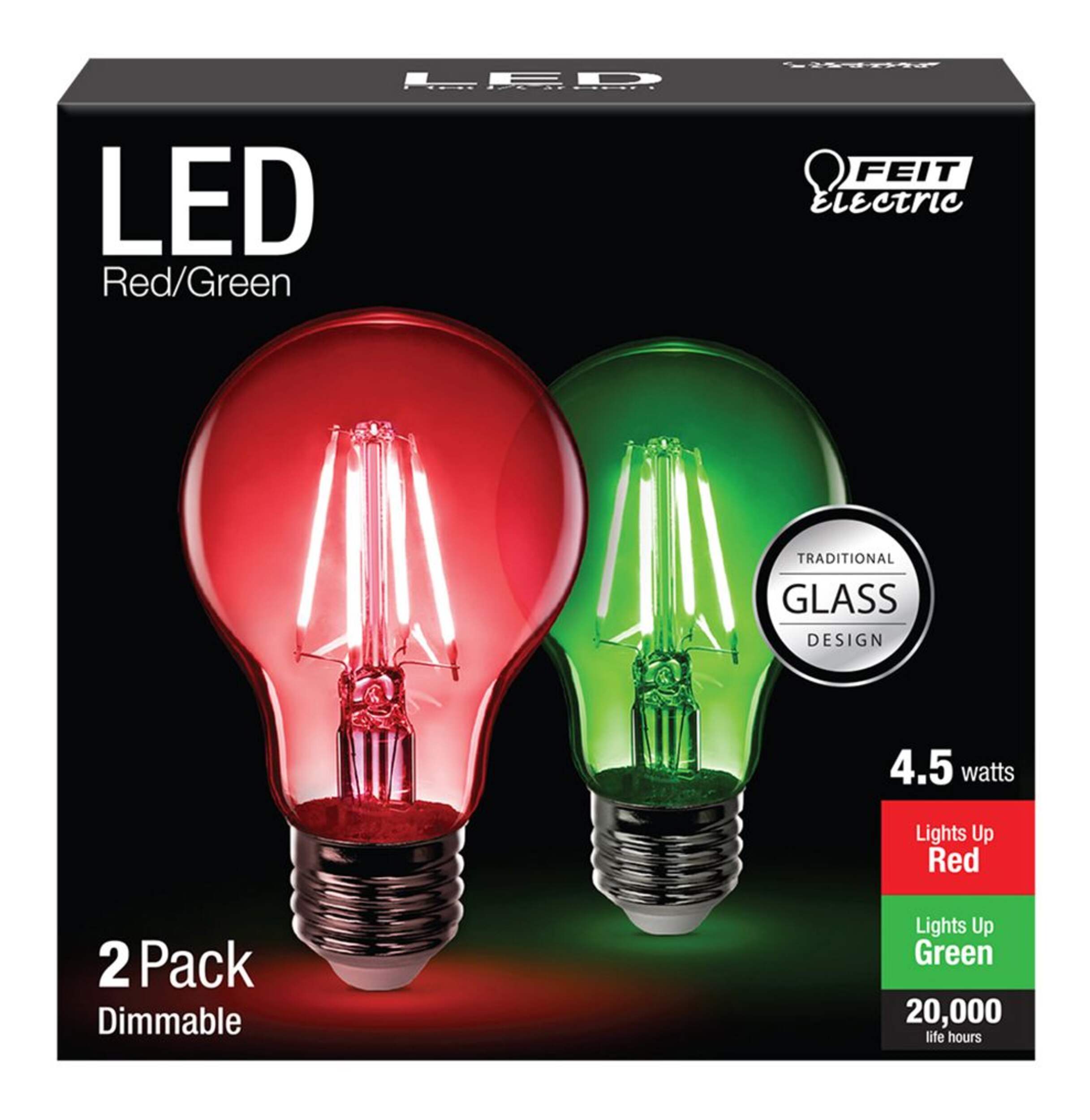 Feit Electric A19 Dimmable LED Glass Filament Light Bulbs, Red/Green, 4.5W, 2-pk Front_Elevated