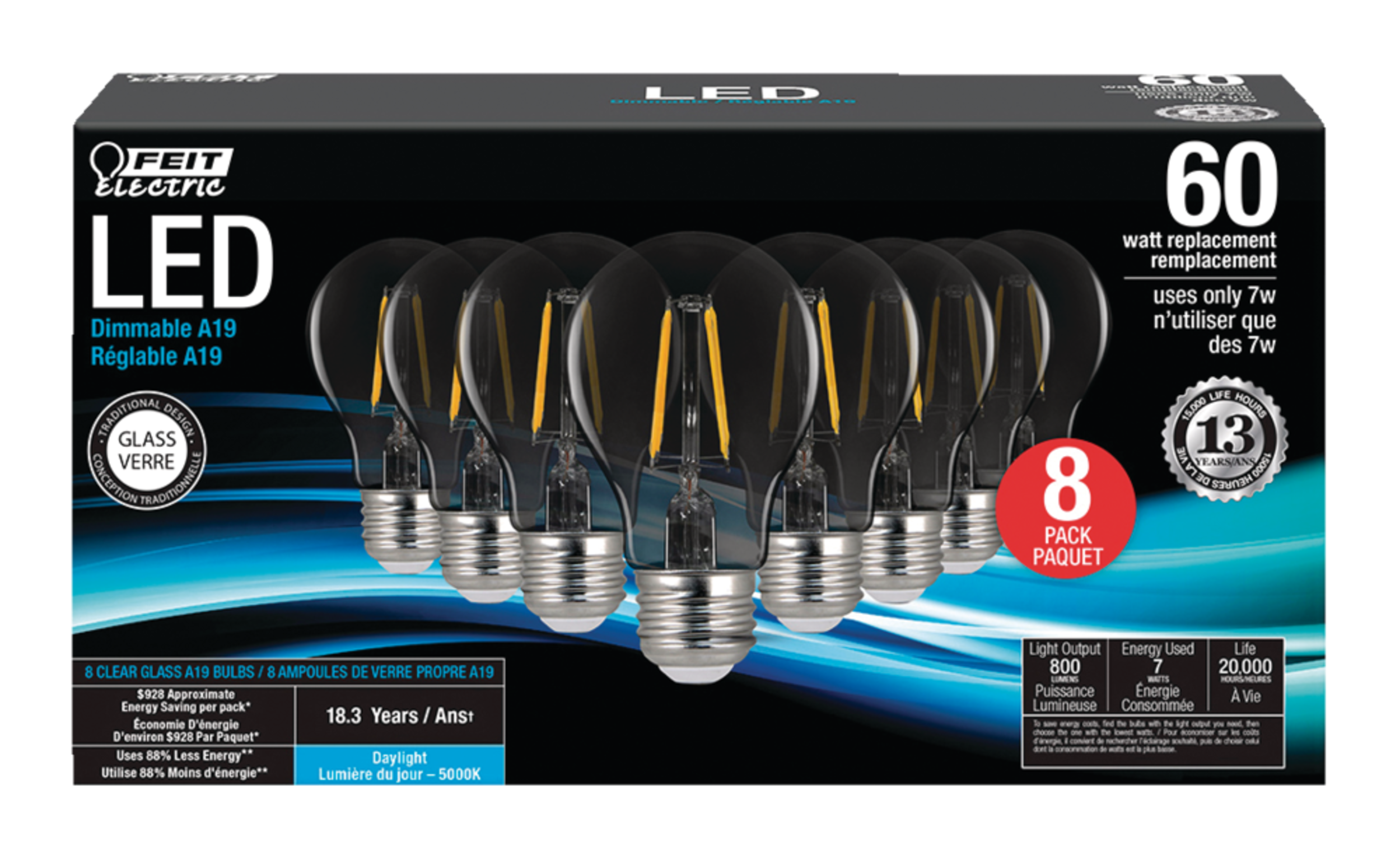 Feit Electric A19 Dimmable LED Clear Glass Filament Light Bulbs, 5000K, Daylight, 60W, 8-pk Front_Elevated