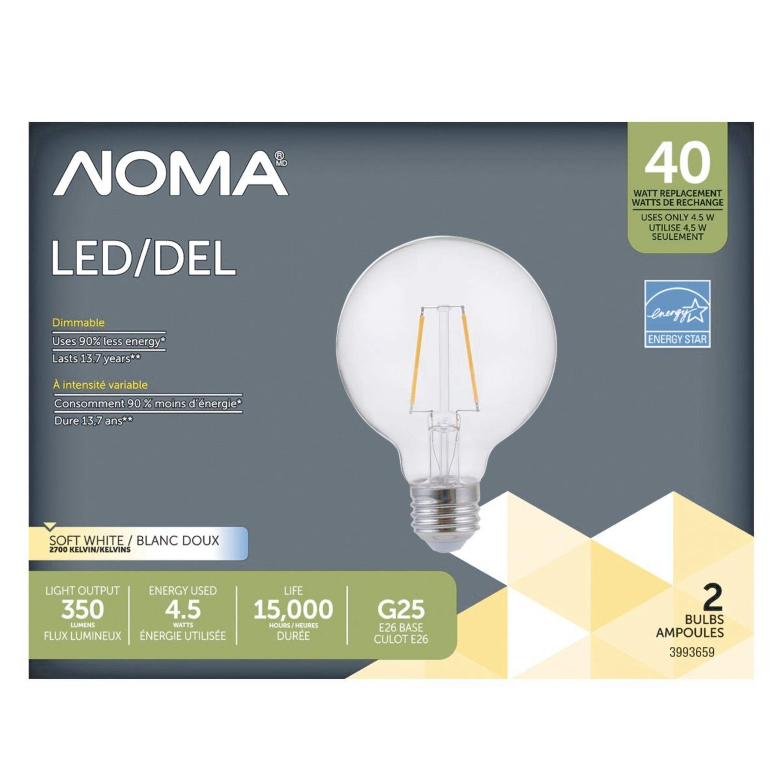 NOMA LED 40W G25 Light Bulbs, Clear, 2-pk Front_Flat