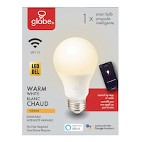 Globe Electric A19 E26, Smart Wi-Fi Dimmable LED Light Bulb, 800 Lumens, Warm White, 60W Front_Flat