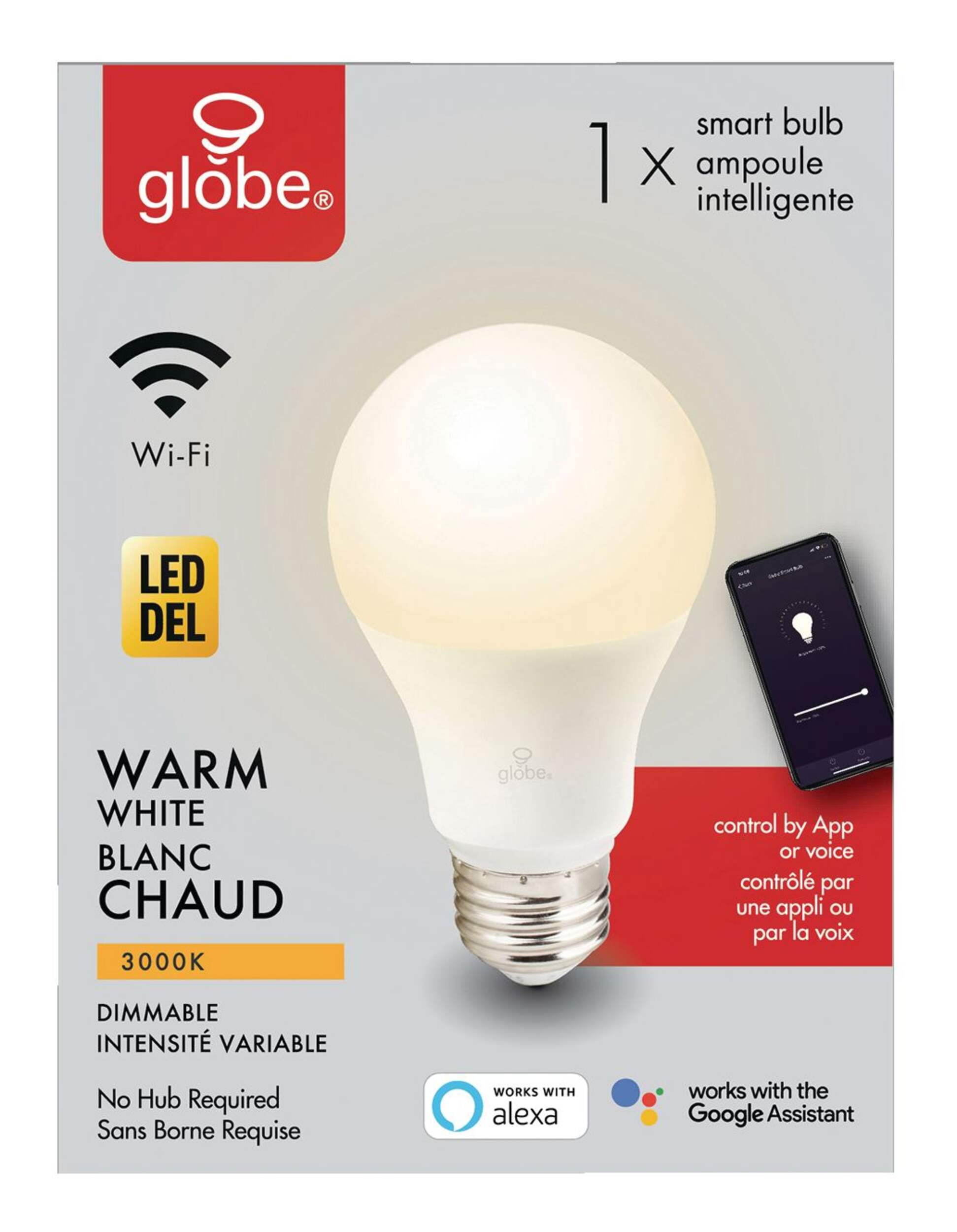 Globe Electric A19 E26, Smart Wi-Fi Dimmable LED Light Bulb, 800 Lumens, Warm White, 60W Front_Flat