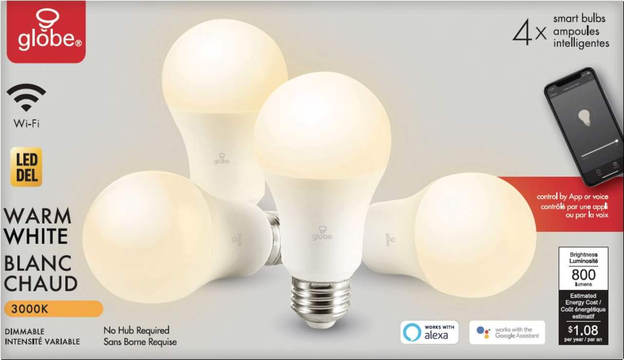 Globe Electric A19 E26, Smart Dimmable LED Light Bulbs, 800 Lumens, Warm  White, 60W, 4-pk
