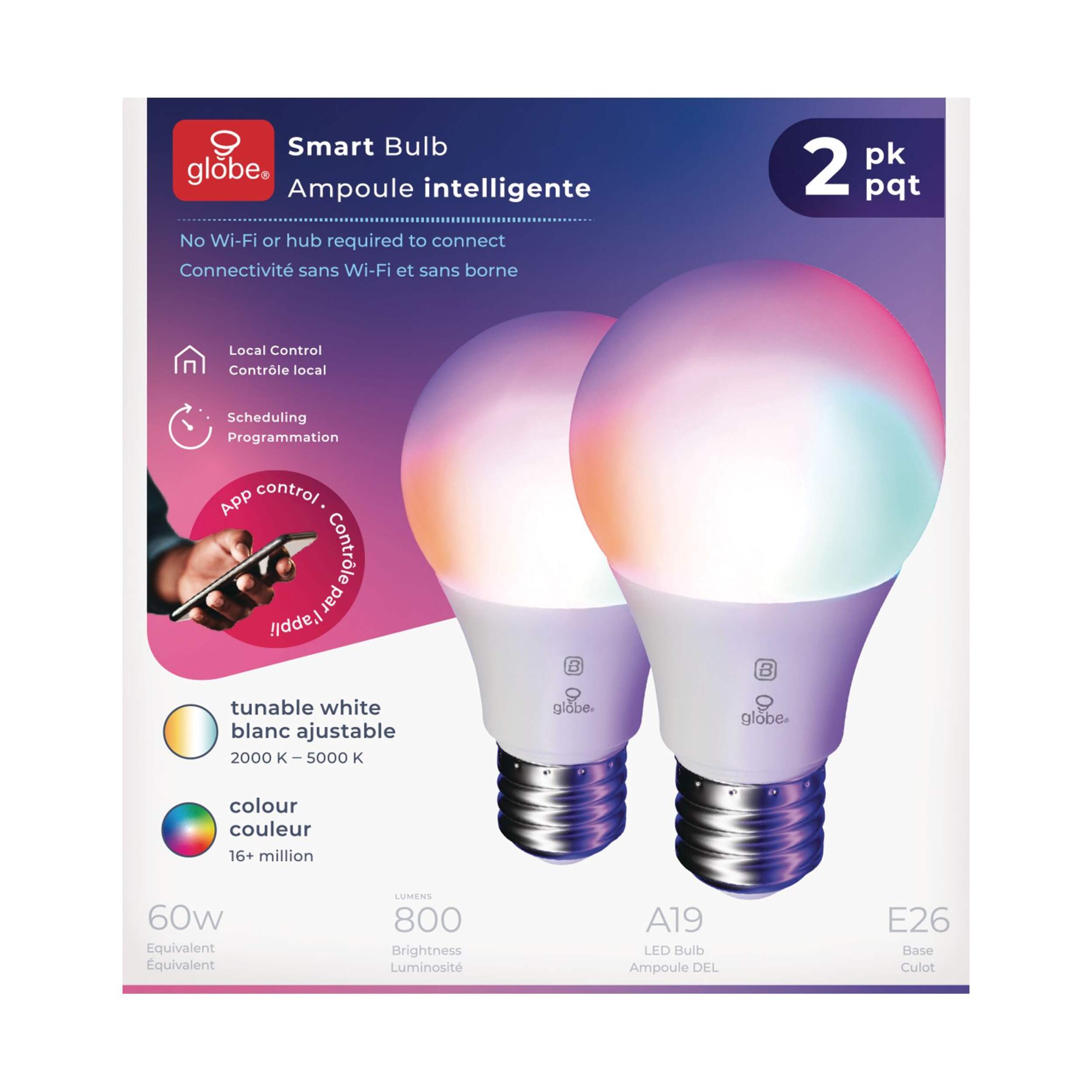 Globe A19 Smart Bluetooth Dimmable LED Light Bulbs, Tunable White/Colour, 800 Lumens, 2-pk Front_Flat