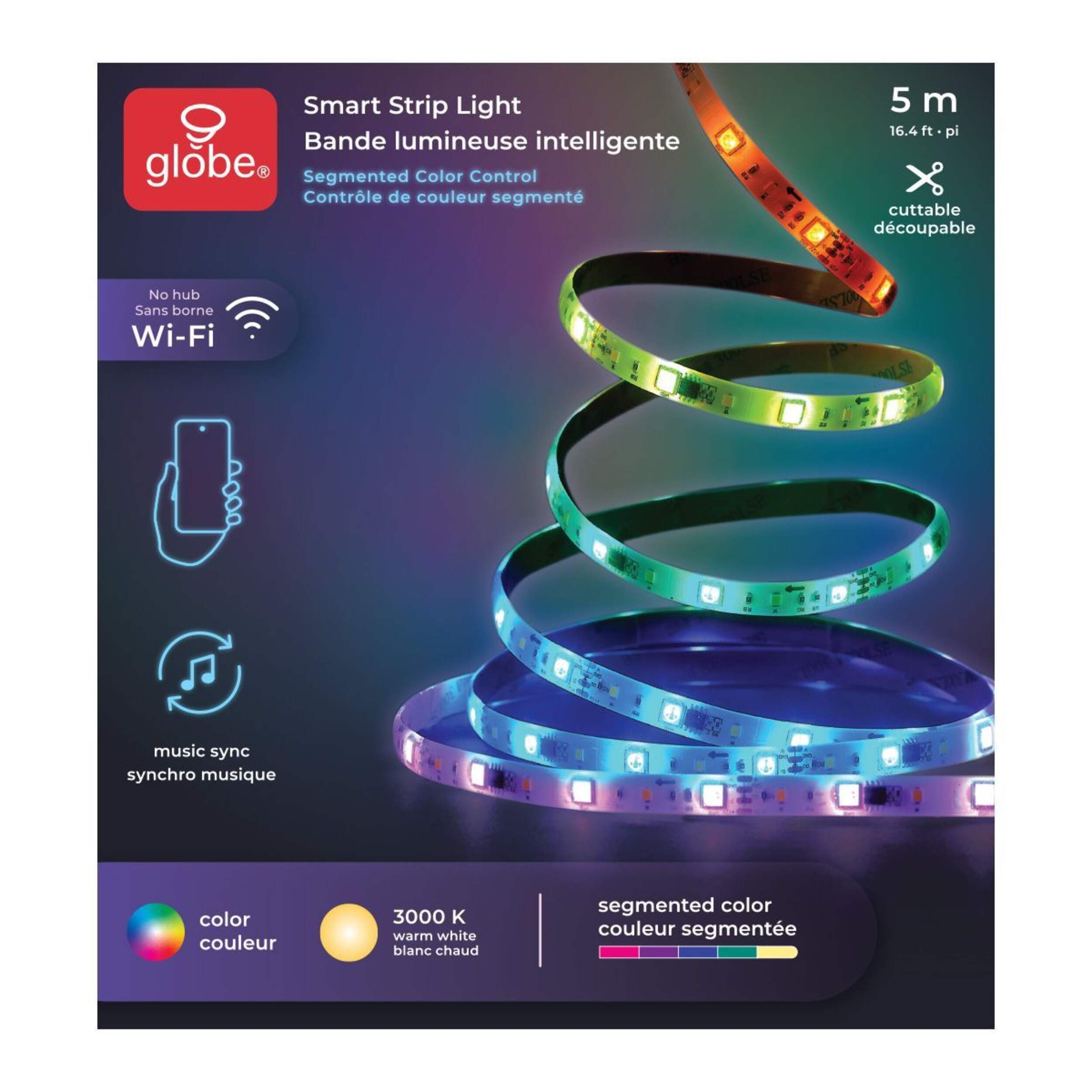 Bande lumineuse intelligente à DEL Globe, 16,4 pi Front_Flat