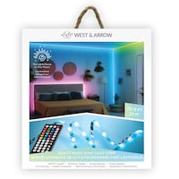 Bande lumineuse RVB à réactivité sonore West & Arrow Merkury avec revêtement résistant aux intempéries, 32,8 pi Front_Flat