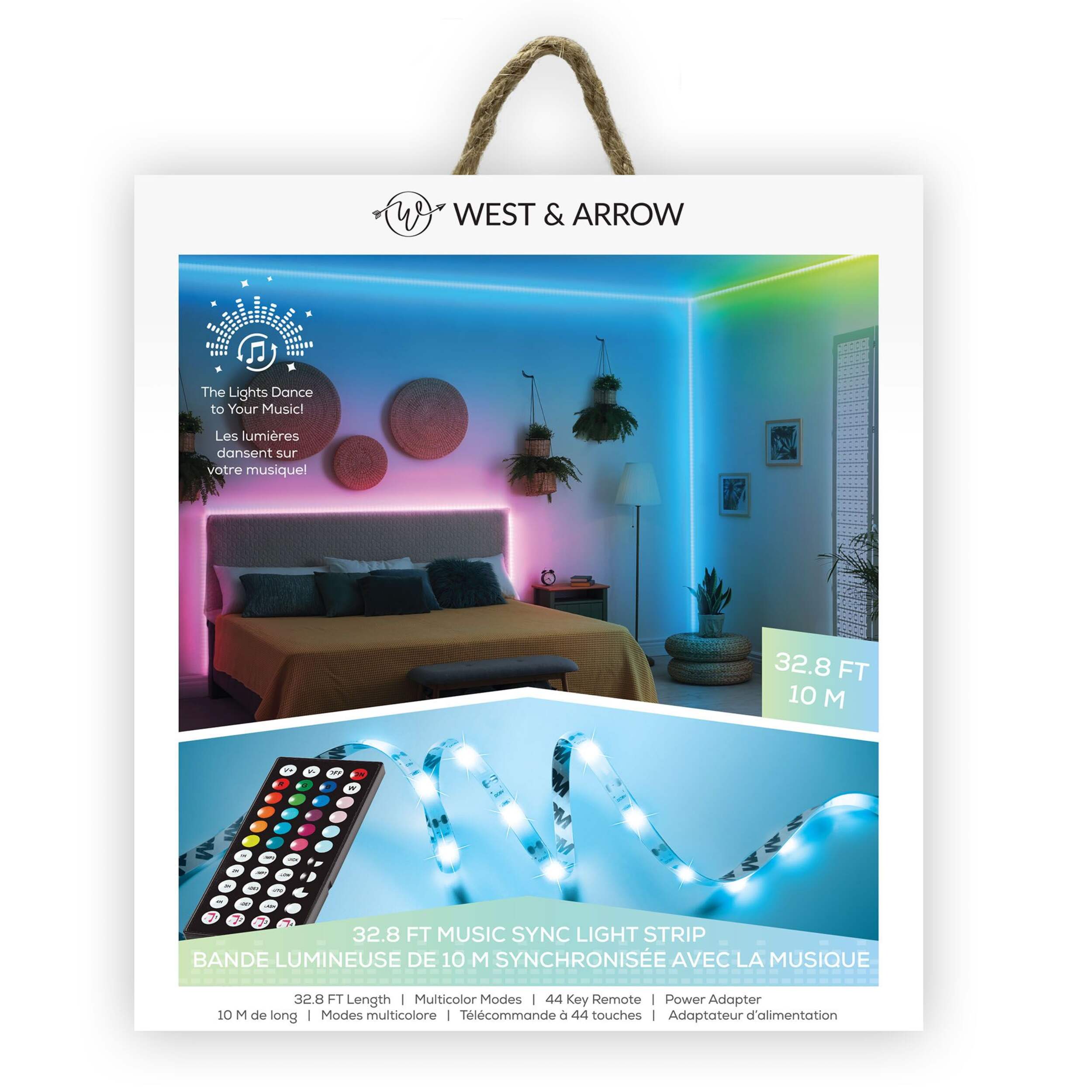 Bande lumineuse RVB à réactivité sonore West & Arrow Merkury avec revêtement résistant aux intempéries, 32,8 pi Front_Flat