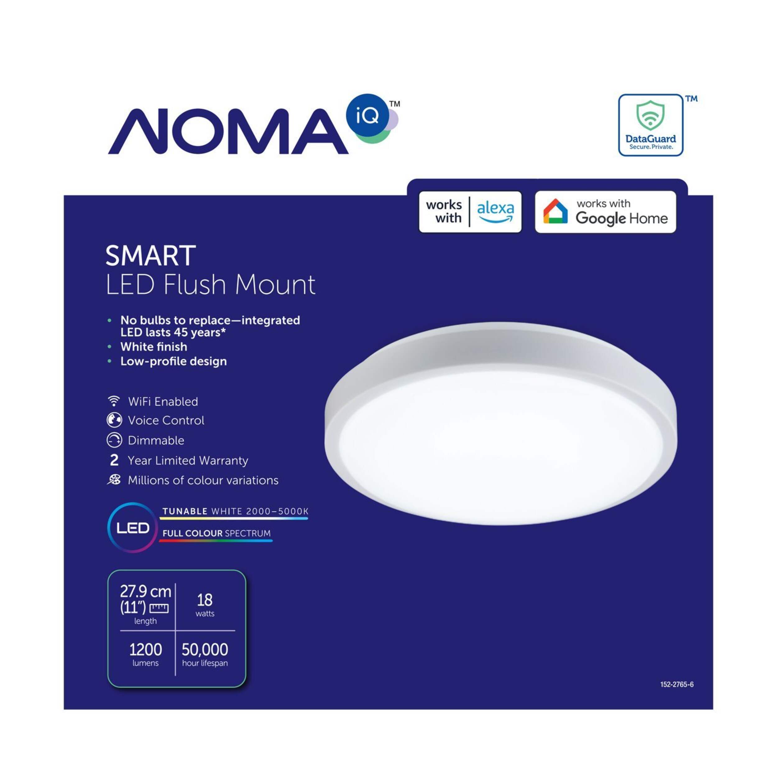 NOMA IQ Smart Integrated LED Flush Mount Ceiling Light Fixture, Matte White, 11-in Front_Flat