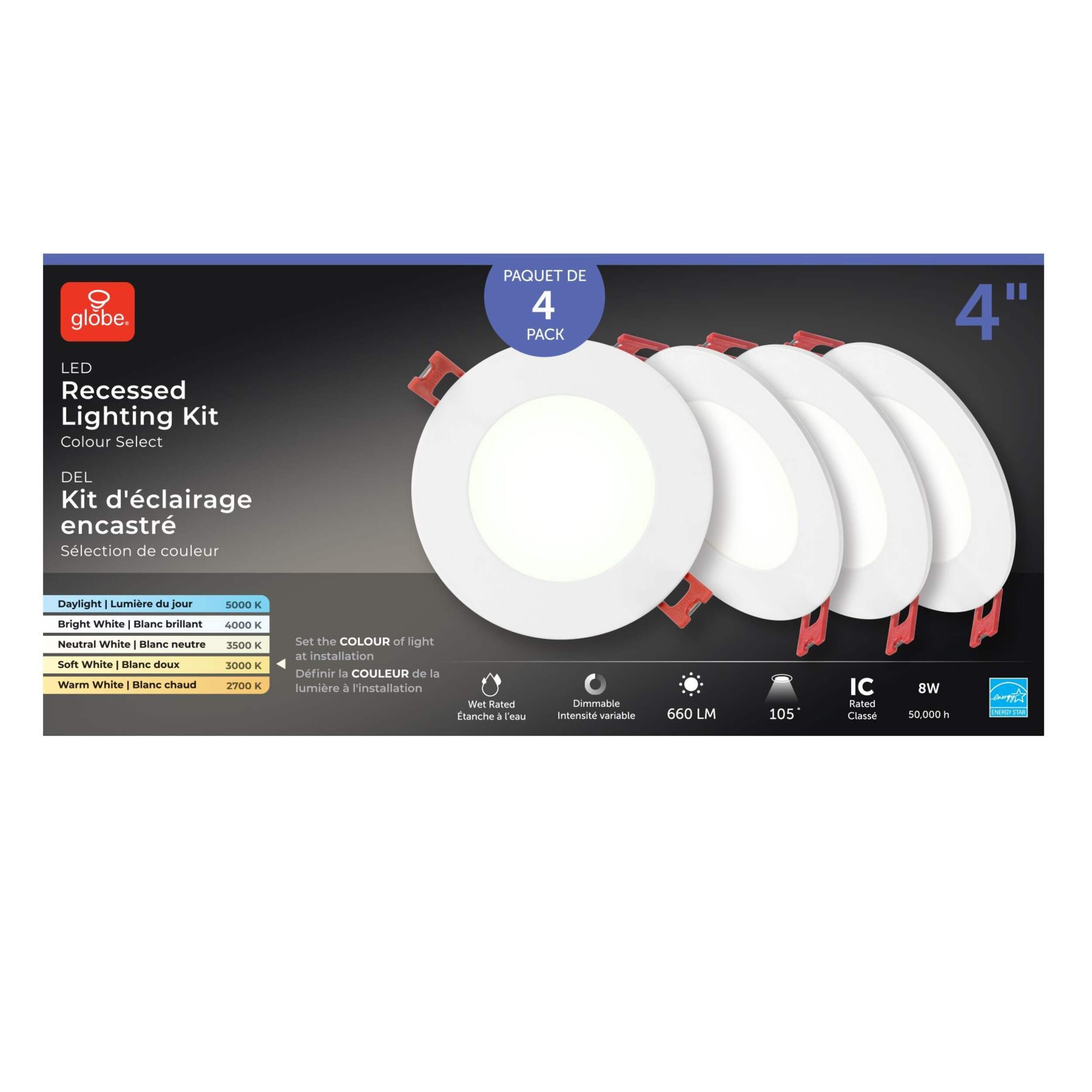 Globe Dimmable LED Recessed Lighting Kit, 9W, 4-in, 4-pk Front_Flat