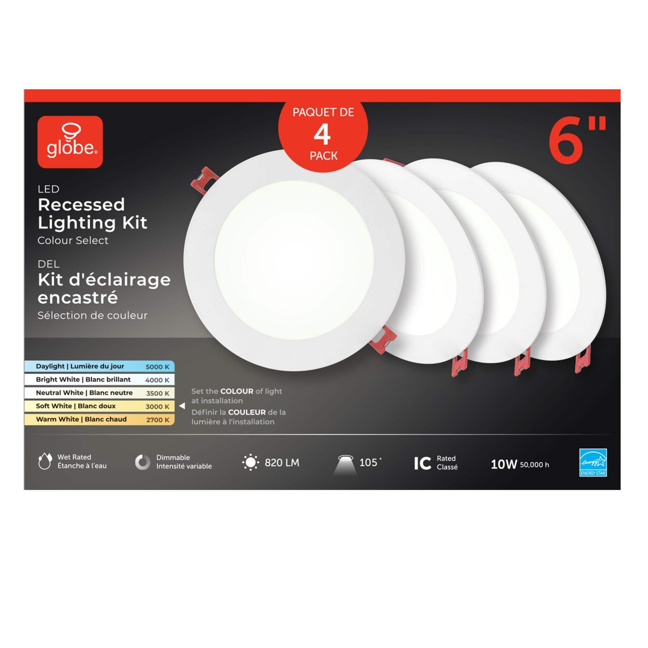 Globe Dimmable LED Recessed Lighting Kit, 12W, 6-in, 4-pk Front_Flat