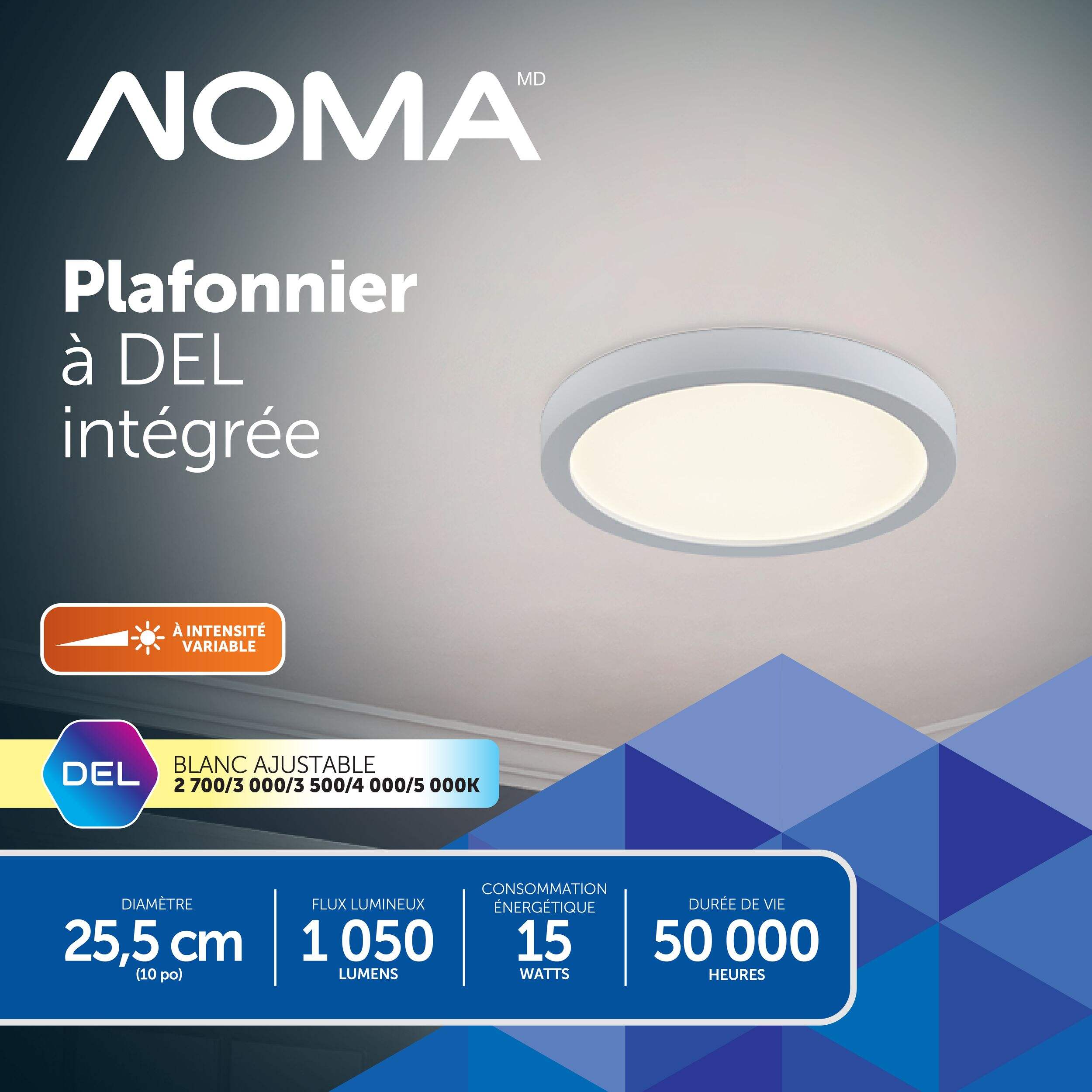 Plafonnier encastré à DEL intégrée NOMA, cadre rond, 5 CCT, blanc, 10 po Front_Flat