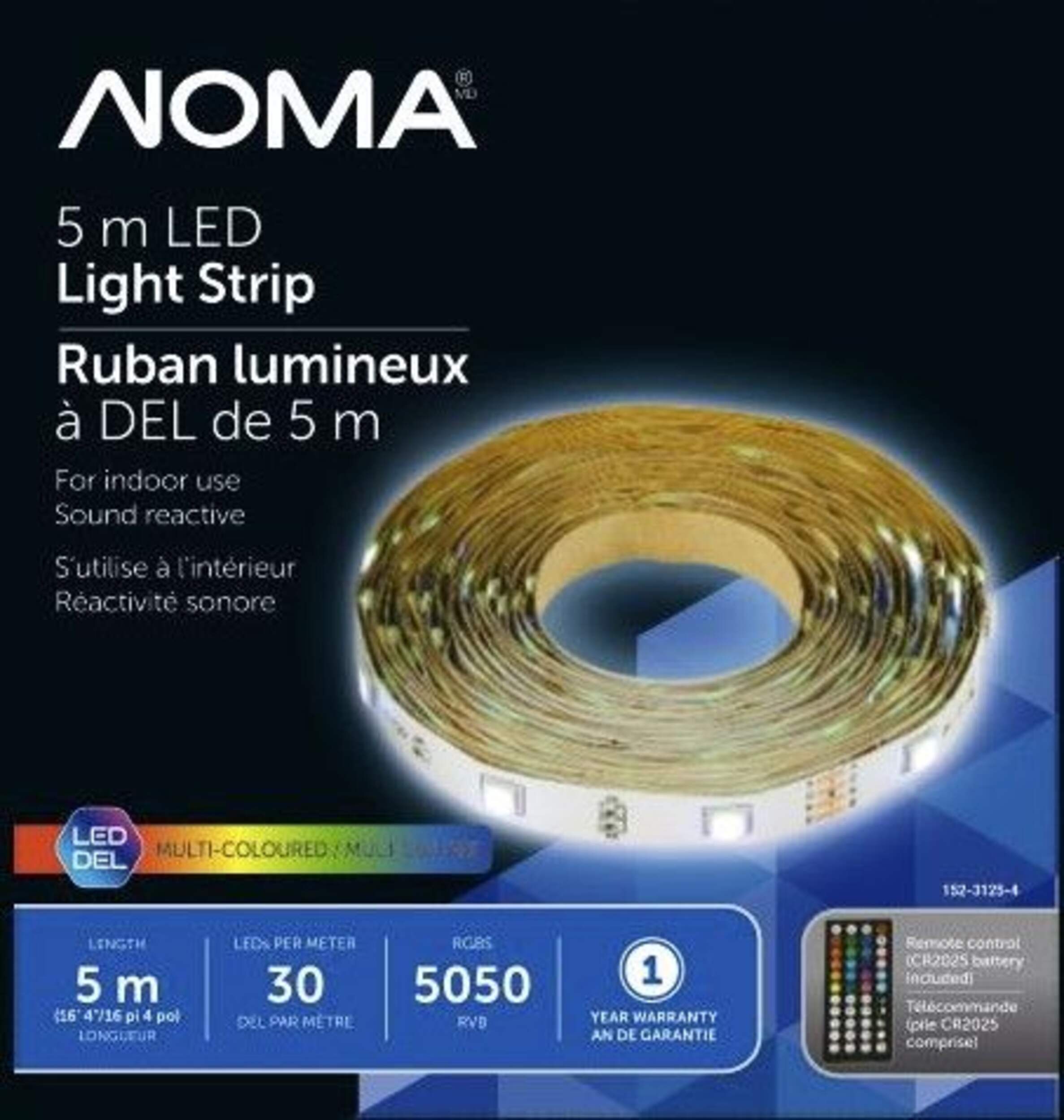 Bande lumineuse à DEL RVB à activation sonore NOMA avec télécommande, 5 m Front_Flat