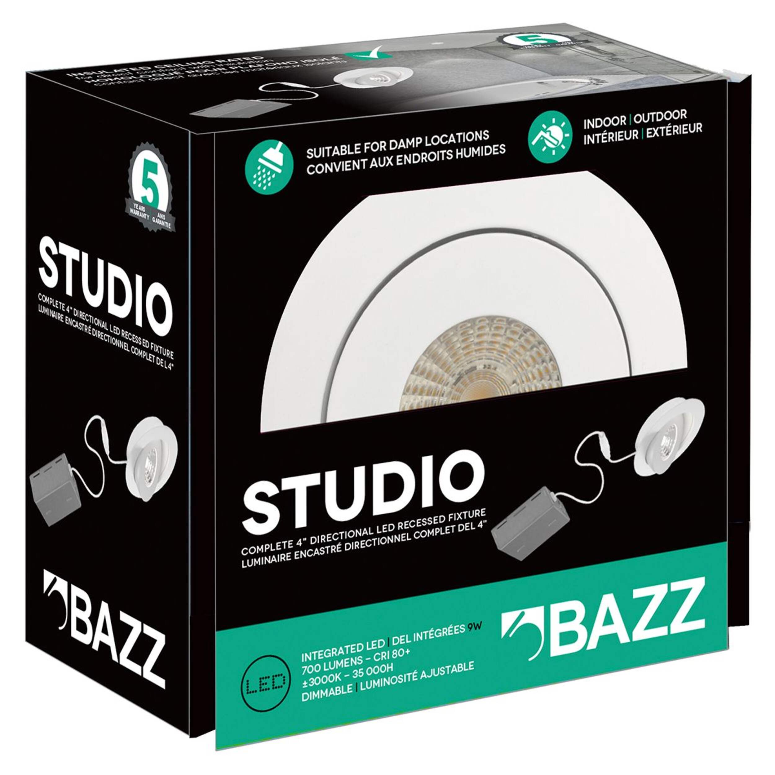 Plafonnier encastré mince BAZZ à DEL directionnel, intensité réglable, 700 lumens, 3 000 K, blanc doux, blanc, 4 po, 9 W Front_Angled_Right