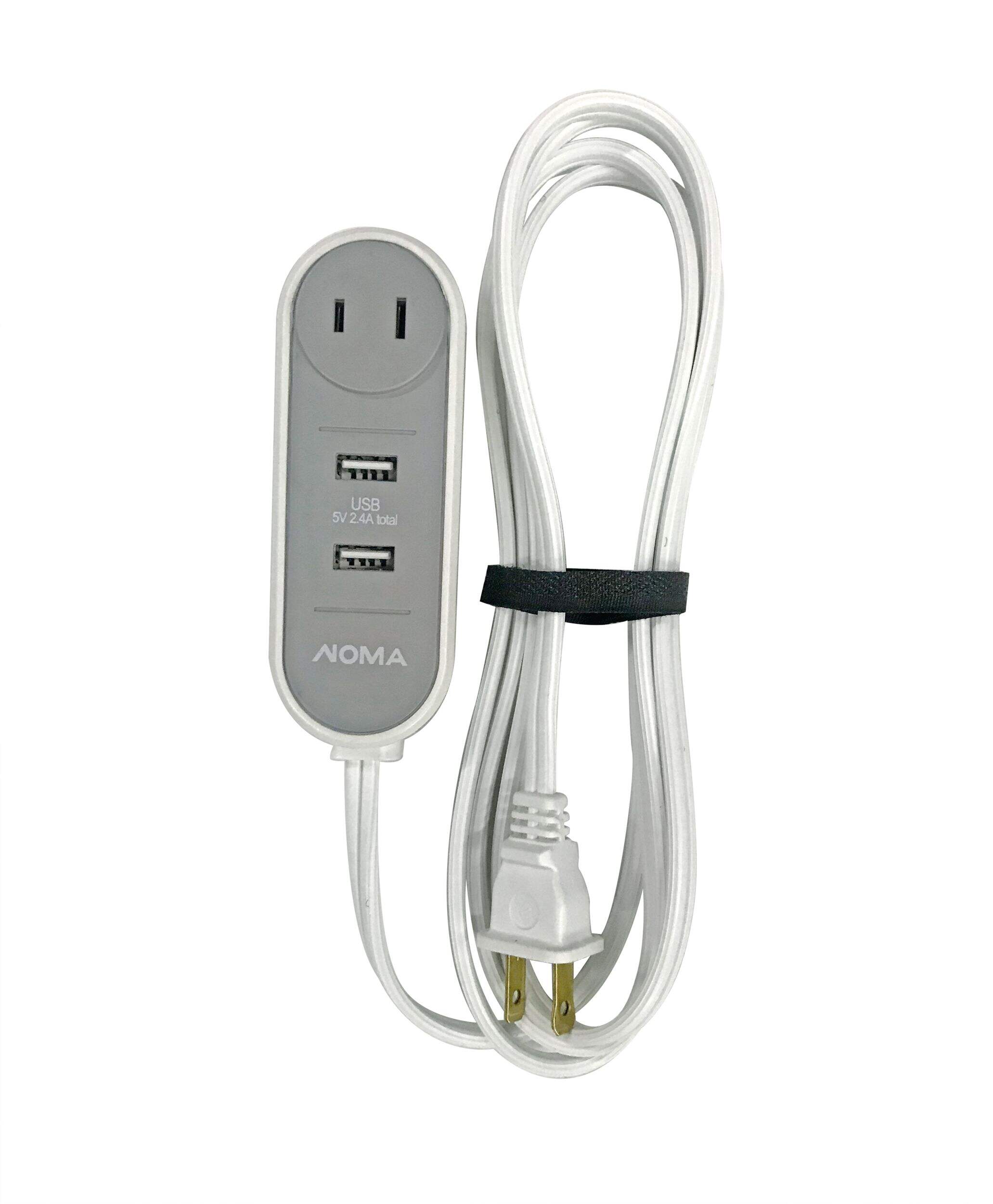 NOMA 6-ft 6-in 16/2 Extension Cord with 2 USB Outlets, Travel design, White Front_Angled_Left