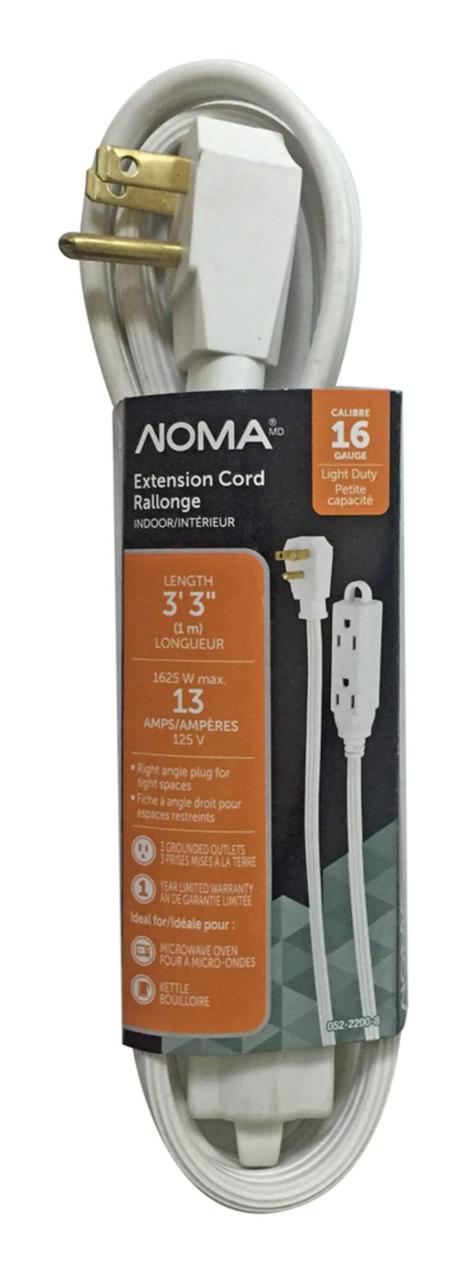 NOMA 3ft 3in 16/3 Indoor Extension Cord with Right Angle Plug, 3