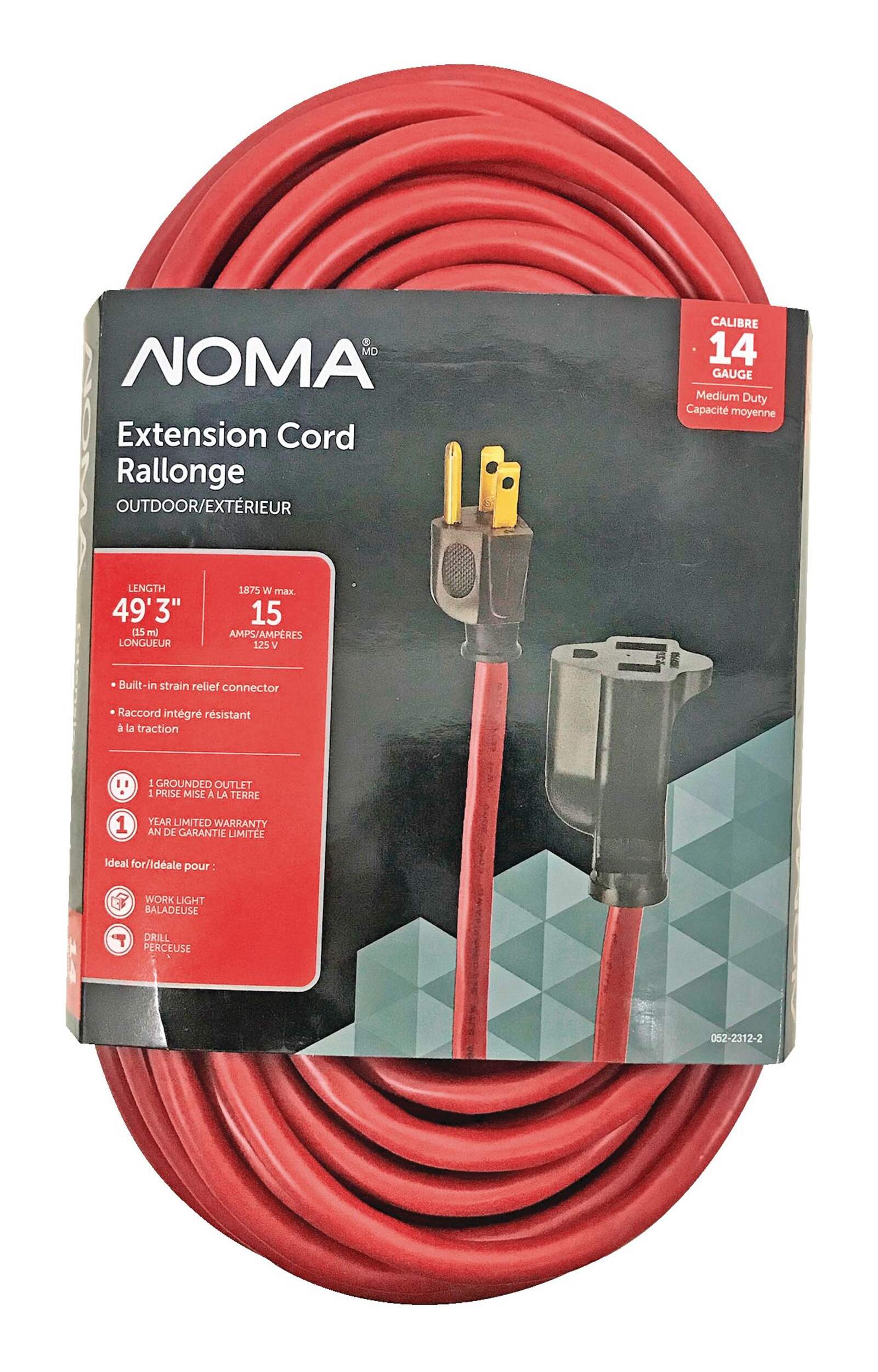 NOMA 49-ft 3-in 14/3 Outdoor Extension Cord with Grounded Outlet, Red Front_Flat