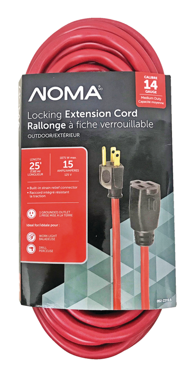 NOMA 25-ft 14/3 Outdoor Extension Cord with Grounded Outlet and Locking  Connector, Red