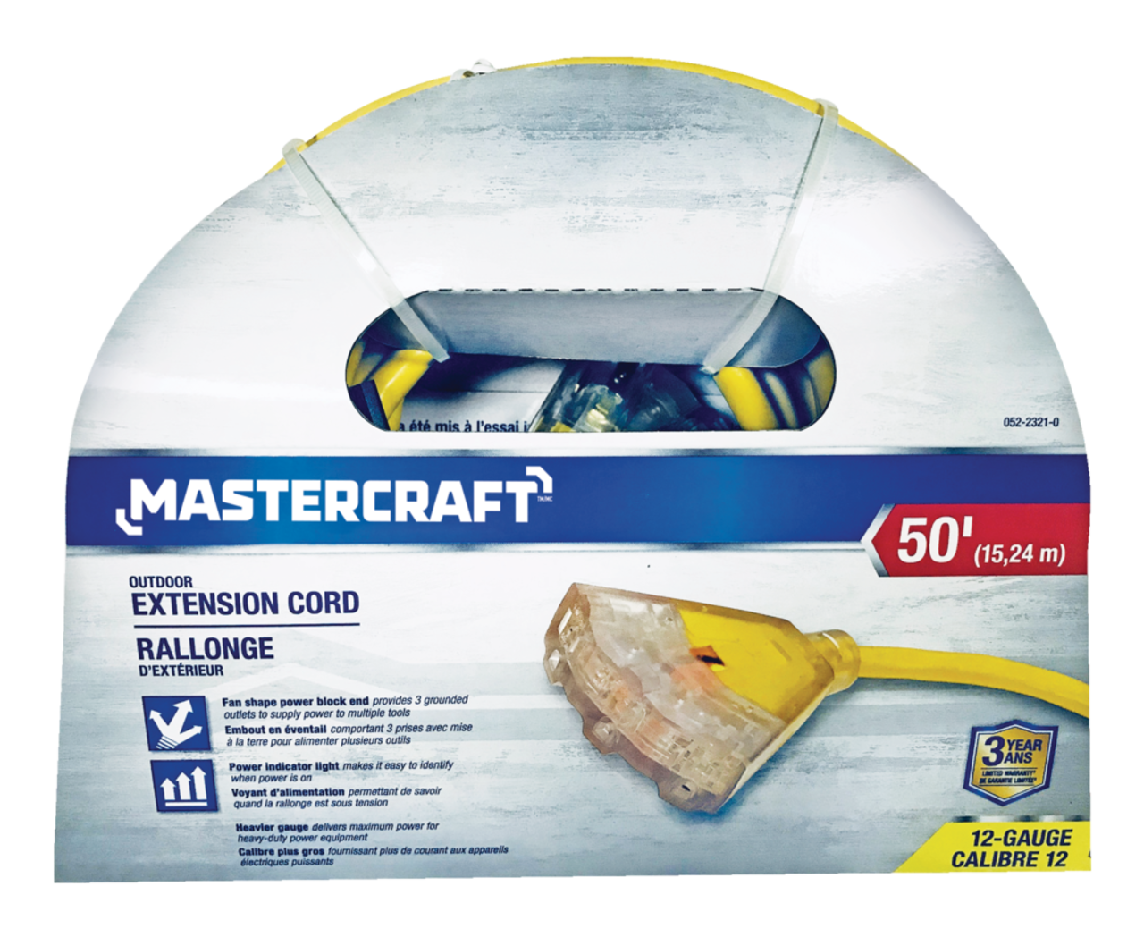 Mastercraft 15-ft 12/3 Outdoor Extension Cord with 3 Grounded Outlets and  Lighted End, Yellow