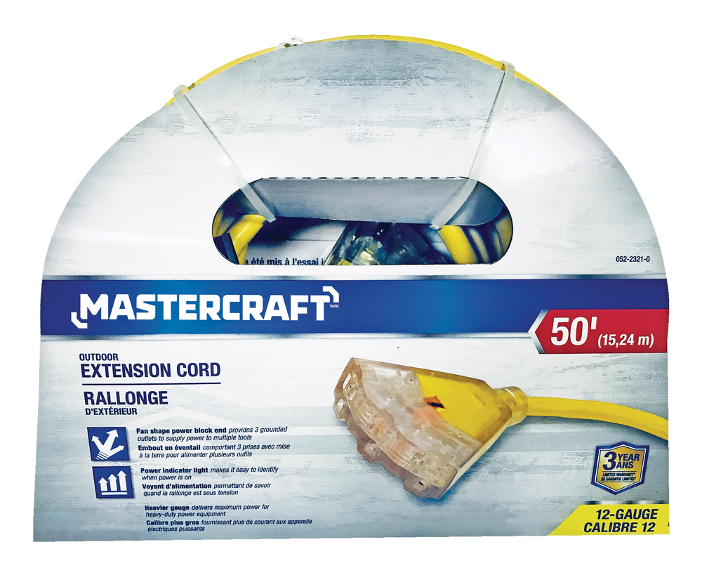 Mastercraft 50ft 12/3 Outdoor Extension Cord with 3 Grounded Outlets and Lighted End, Yellow