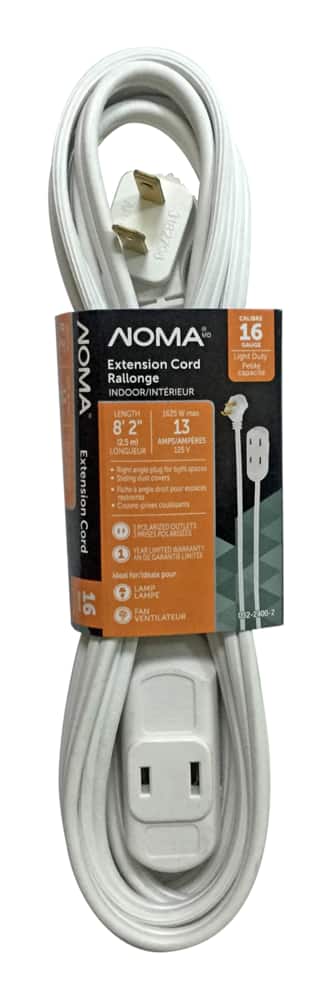 NOMA 8-ft 2-in 16/2 Extension Cord, Flat plug, 3 Outlets, White