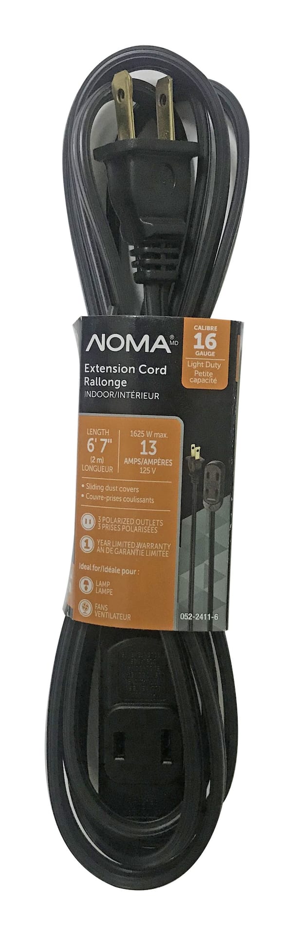 NOMA 6-ft 7-in 16/2 Light Duty Extension Cord with 3 Outlets, Black