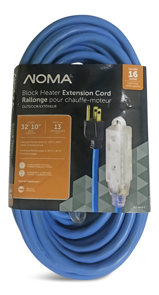 NOMA 32ft 10in 16/3 13 Amp AllWeather Block Heater Cord with Lighted