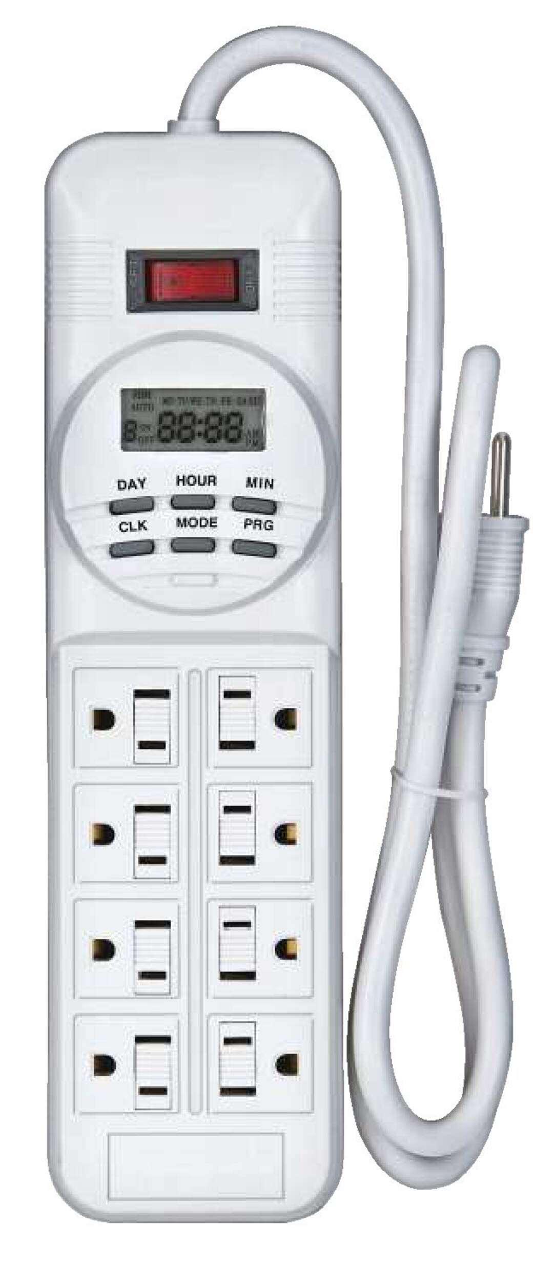 NOMA 8-Outlet Power Bar with 7-Day Programmable Digital Timer, White Front_Flat