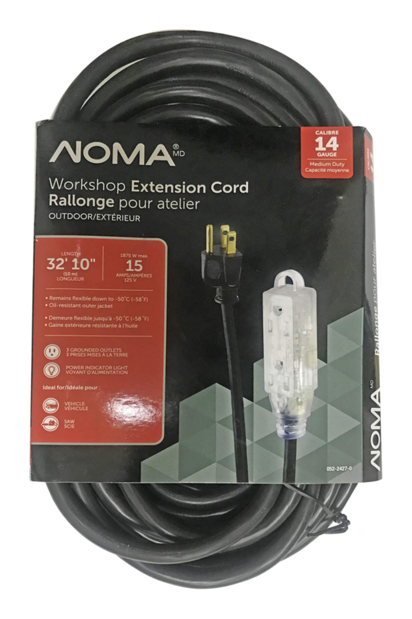 NOMA 32-ft 10-in 14/3 Outdoor Extension Cord with 3 Grounded Outlets and Lighted End, Black Front_Flat