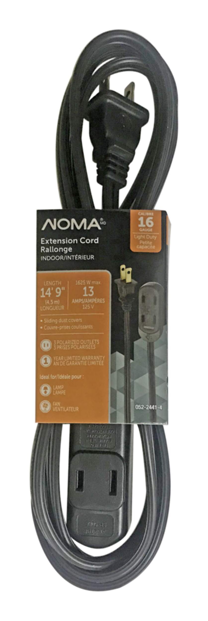 NOMA 14-ft 9-in 16/2 Indoor Extension Cord, Light-Duty, 3 Outlets, Black Front_Flat
