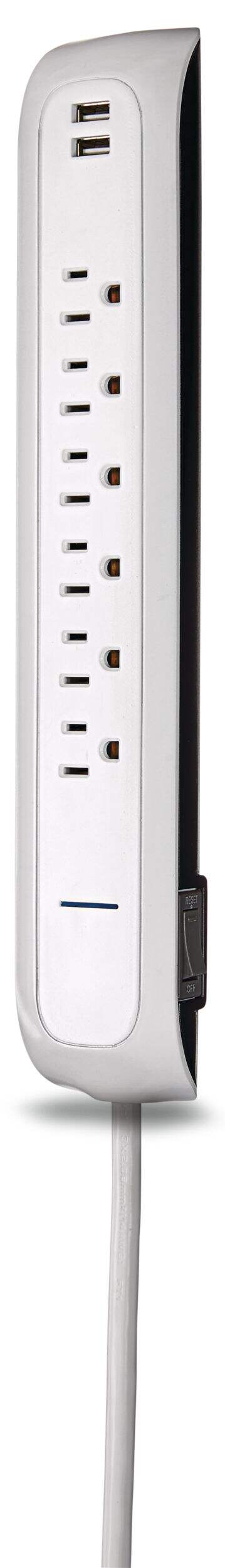 NOMA 6-Outlet and 2 USB Port Power Bar with Surge Protector, 4-ft Cord, 900 Joules, White Front_Three_Fourths_Angled_Left
